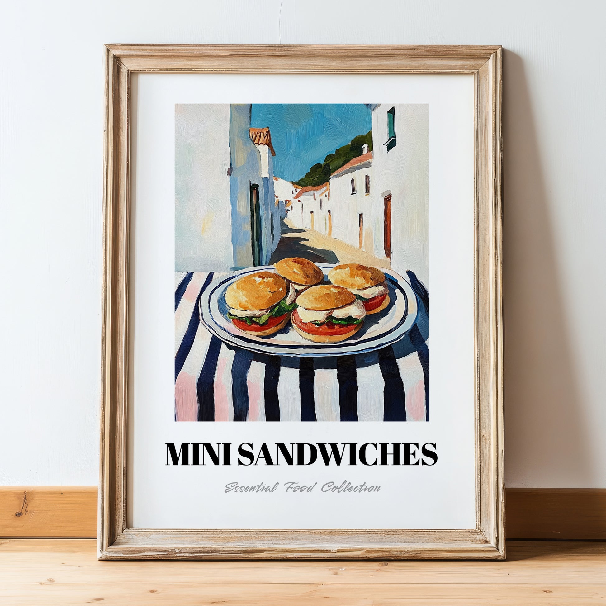 Mini Sandwiches – White village Urban Café Scene, British Food Wall Decor, in wooden frame leaning on the floor