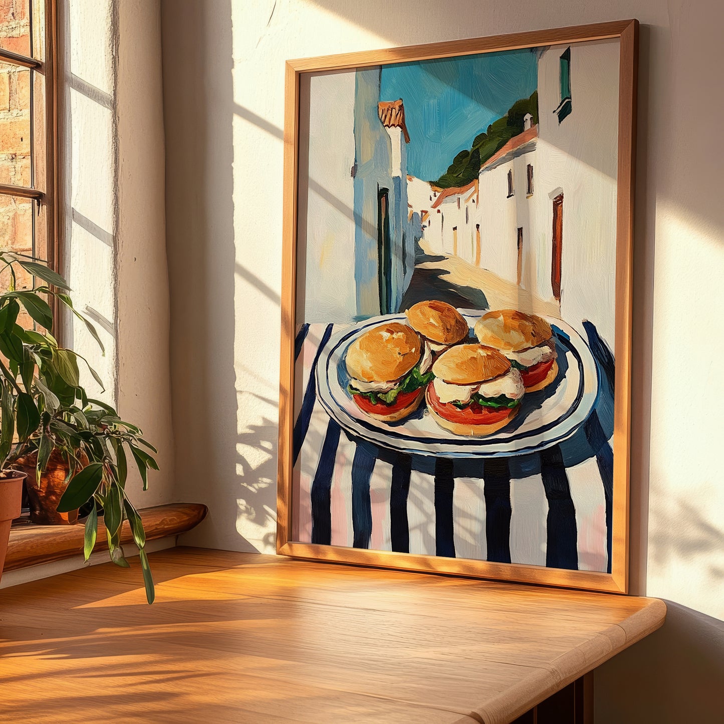 Mini Sandwiches – White village Urban Café Scene, British Food Wall Decor, clean layout with no caption