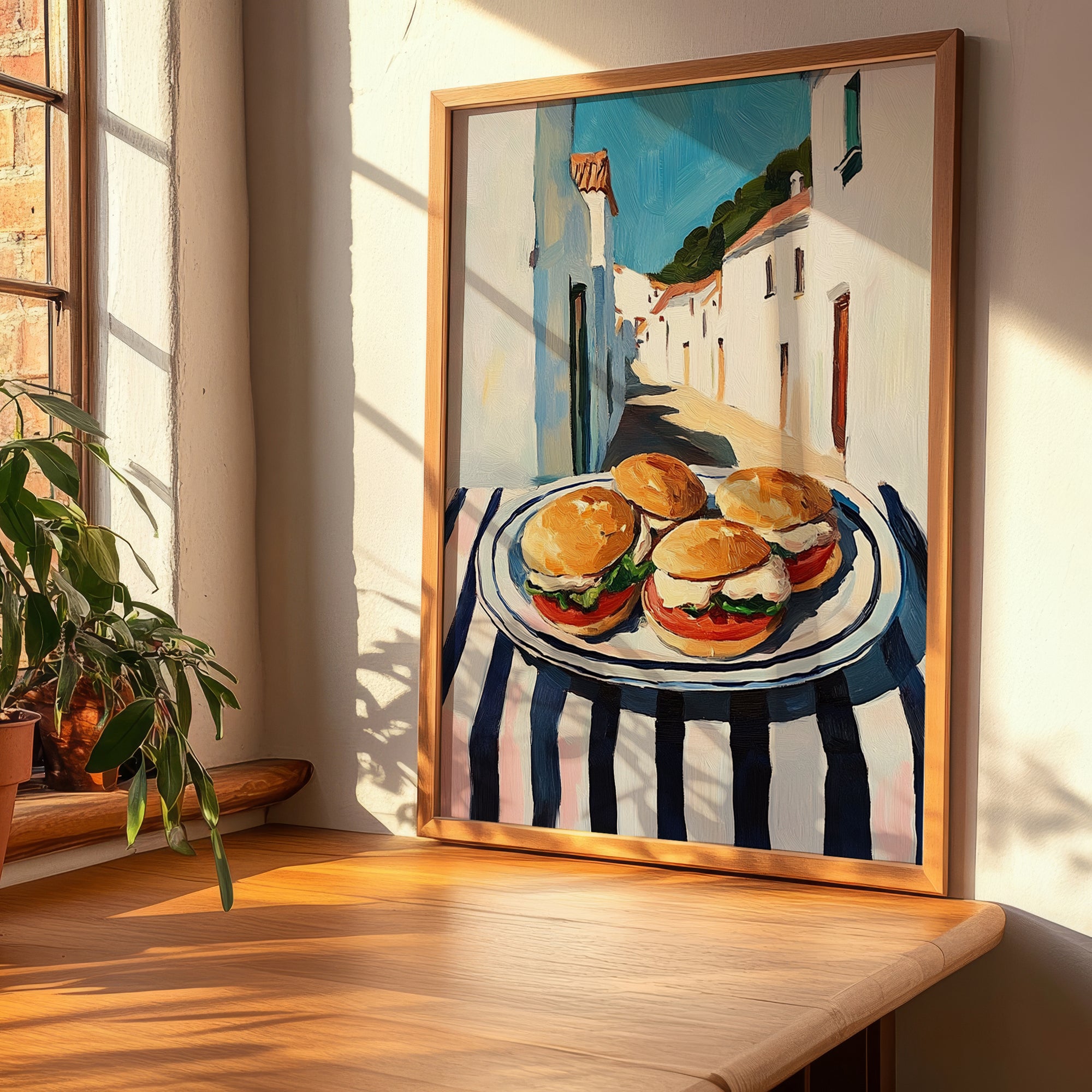 Mini Sandwiches – White village Urban Café Scene, British Food Wall Decor, clean layout with no caption