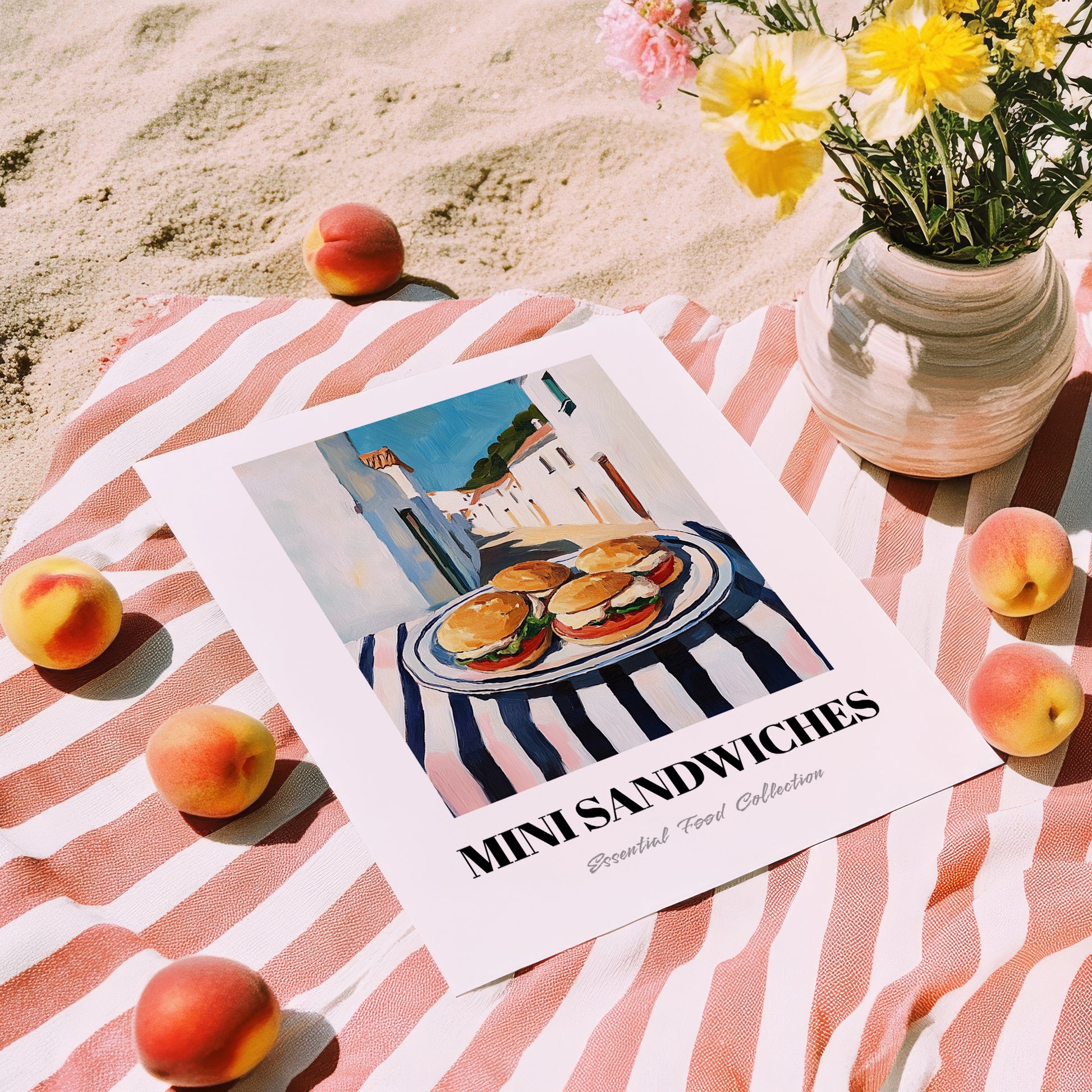 Mini Sandwiches – White village Urban Café Scene, British Food Wall Decor, unframed on coastal sand