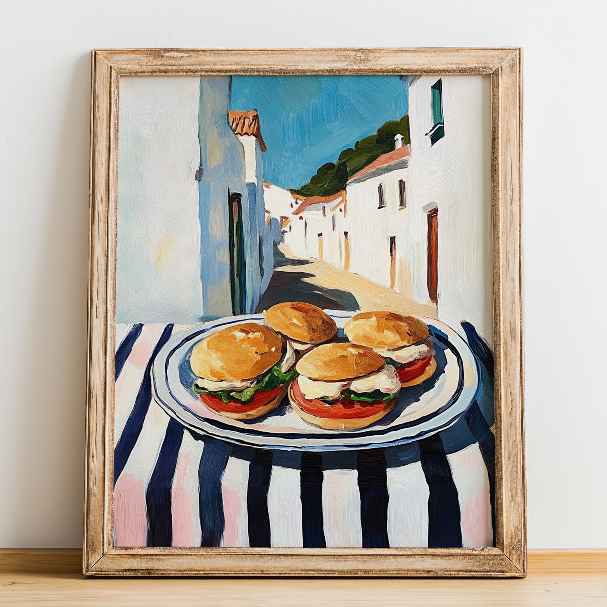 Mini Sandwiches – White village Urban Café Scene, British Food Wall Decor, no-text version framed in wood
