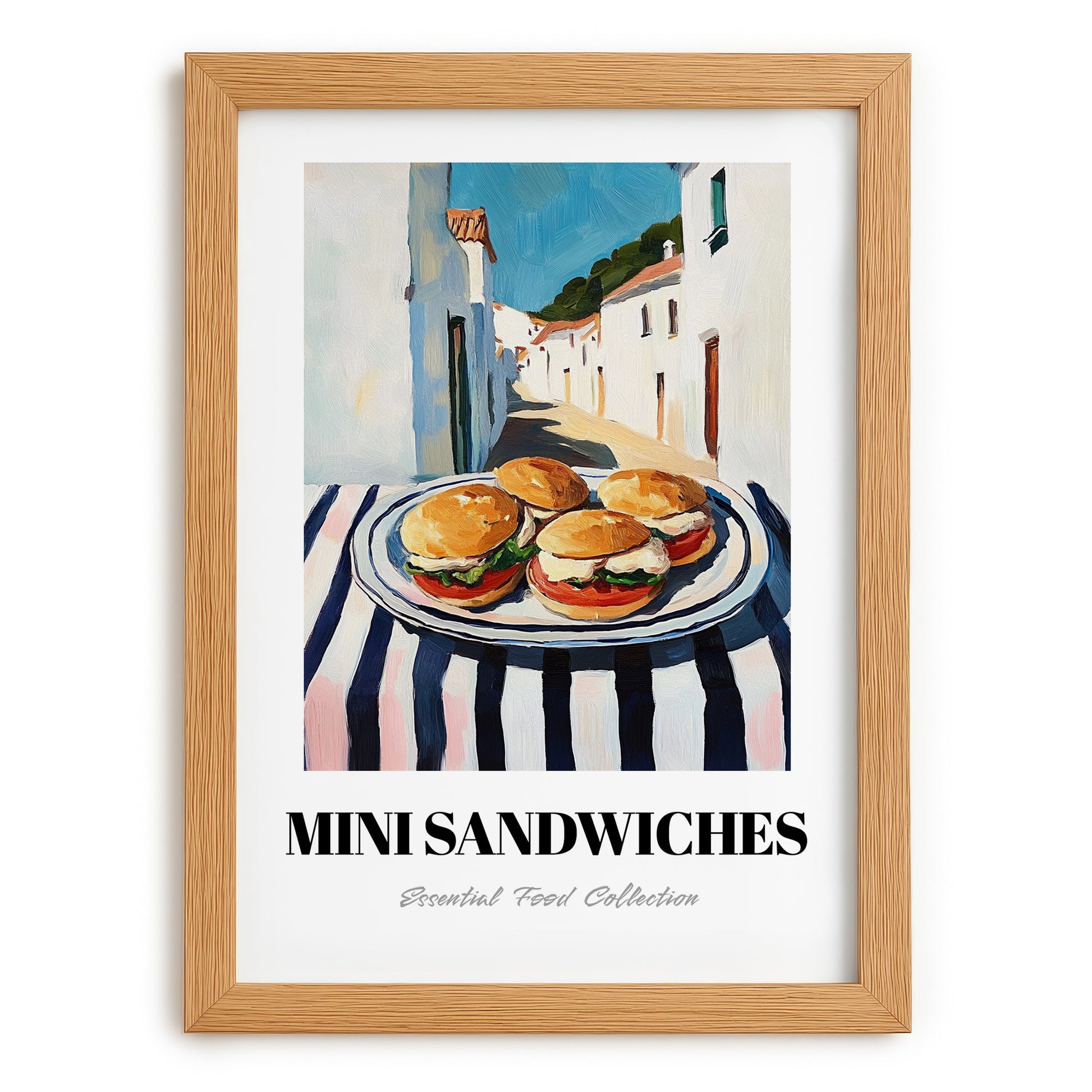 Mini Sandwiches – White village Urban Café Scene, British Food Wall Decor, set in oak frame