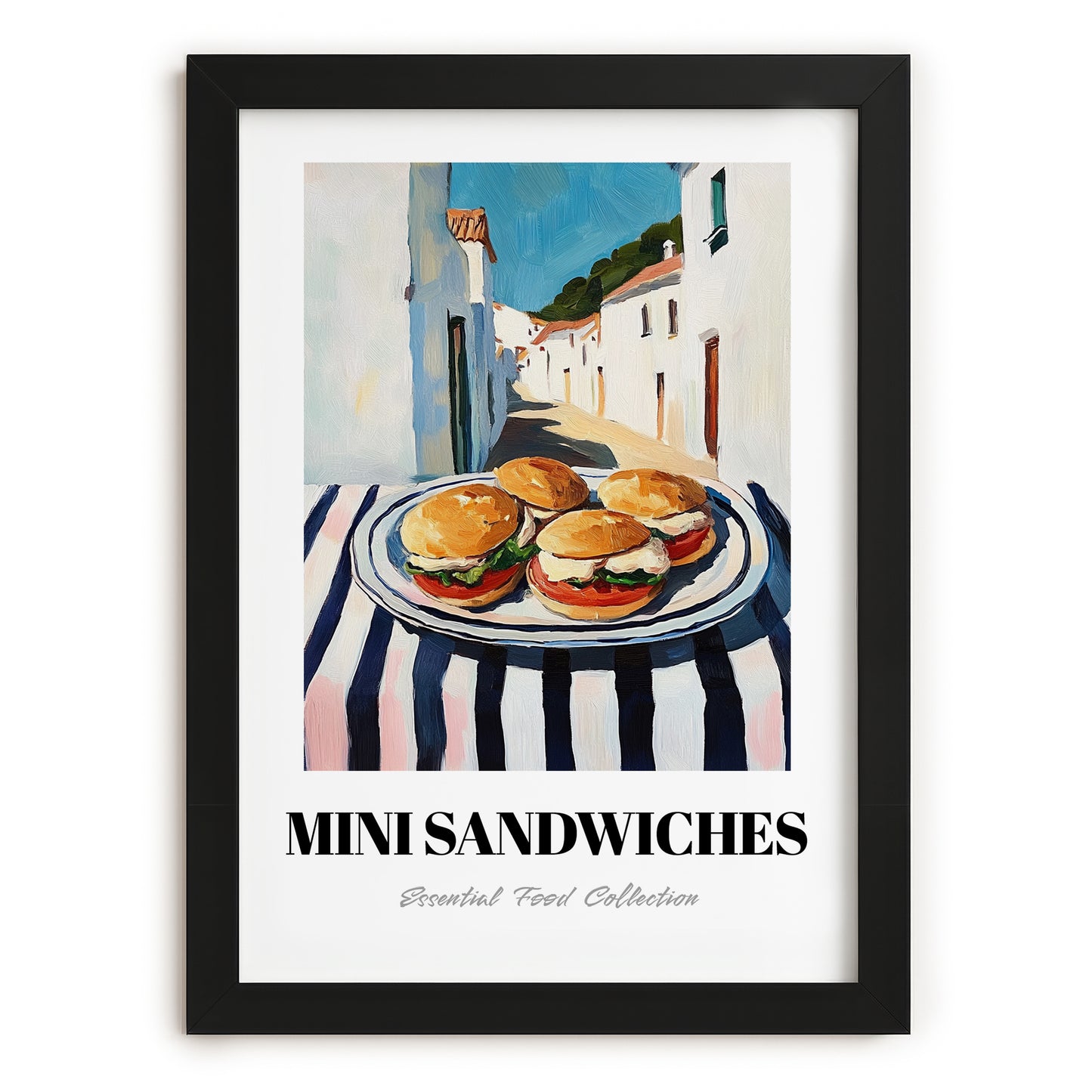 Mini Sandwiches – White village Urban Café Scene, British Food Wall Decor, in sleek black frame
