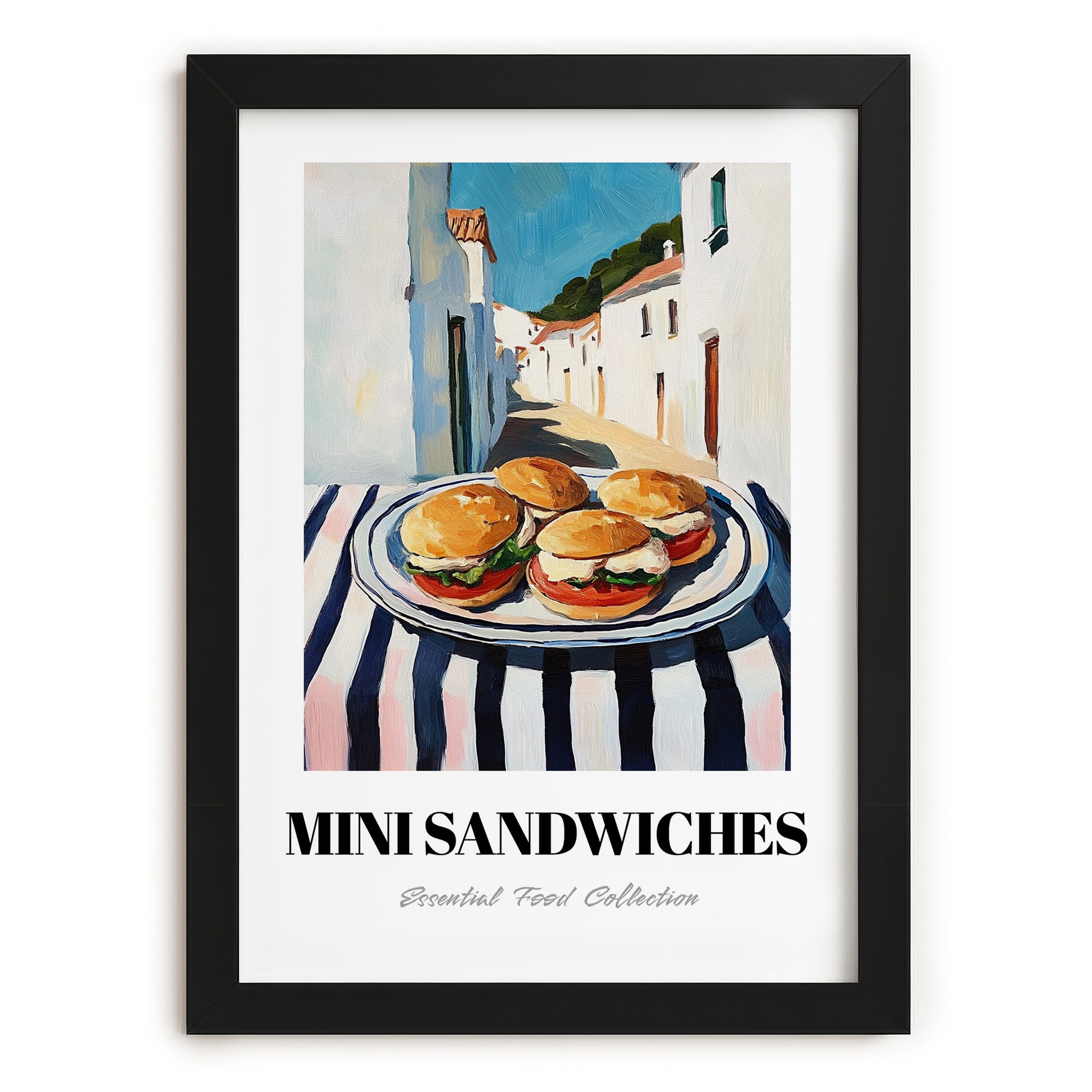 Mini Sandwiches – White village Urban Café Scene, British Food Wall Decor, in sleek black frame