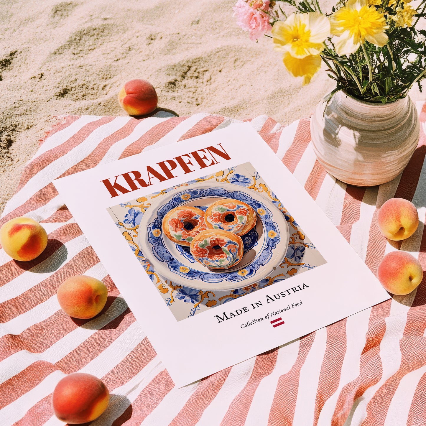 Krapfen – Austrian Dessert Dish, Bistro Illustration, unframed on coastal sand