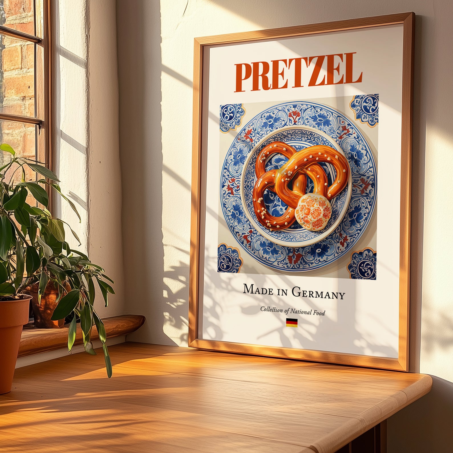 Pretzel – German Bread Dish, Café Wall Decor, no-text version framed in wood
