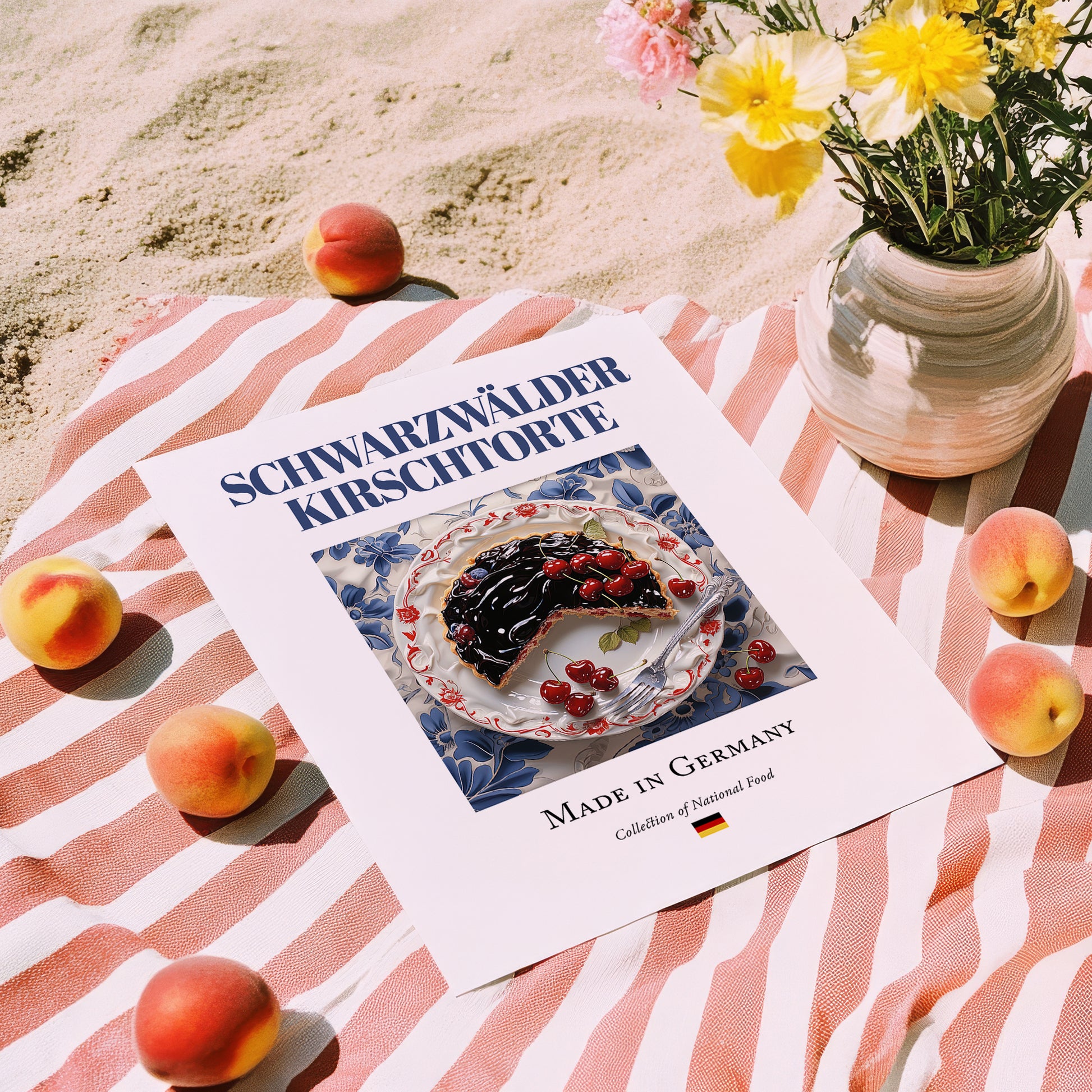 Schwarzwälder Kirschtorte – German Dessert Dish, Brasserie Print, unframed on coastal sand