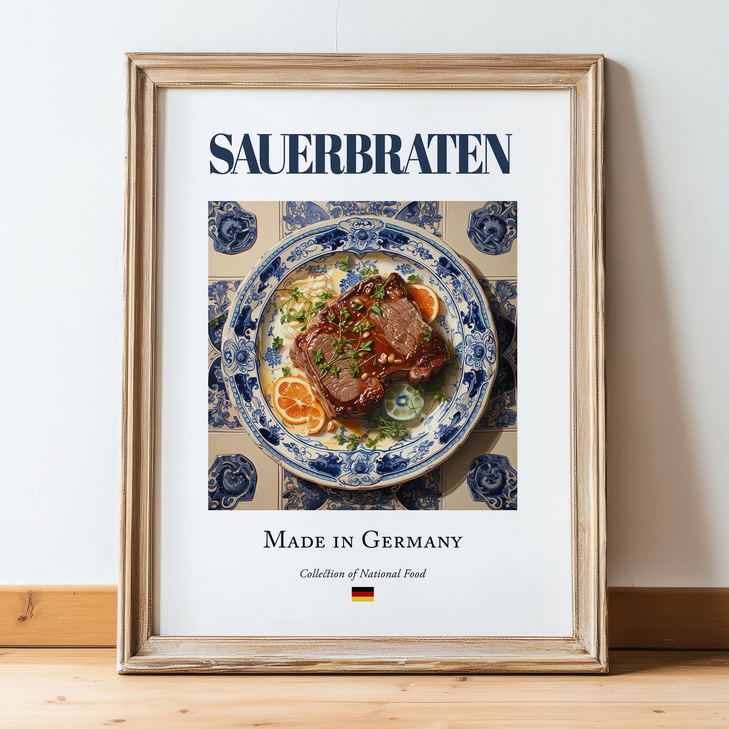 Sauerbraten – German Stew Dish, Tavern Poster, in wooden frame leaning on the floor