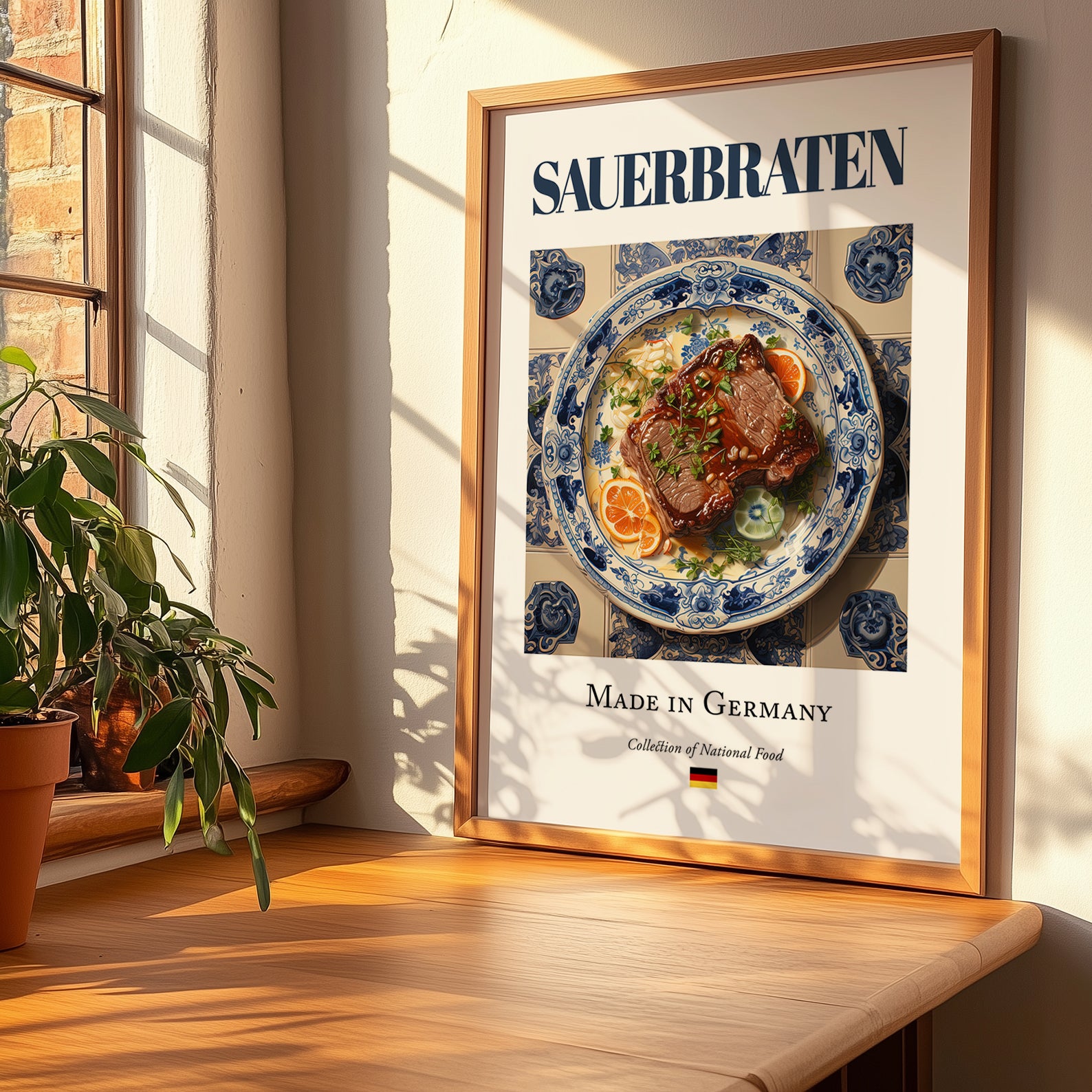 Sauerbraten – German Stew Dish, Tavern Poster, no-text version framed in wood