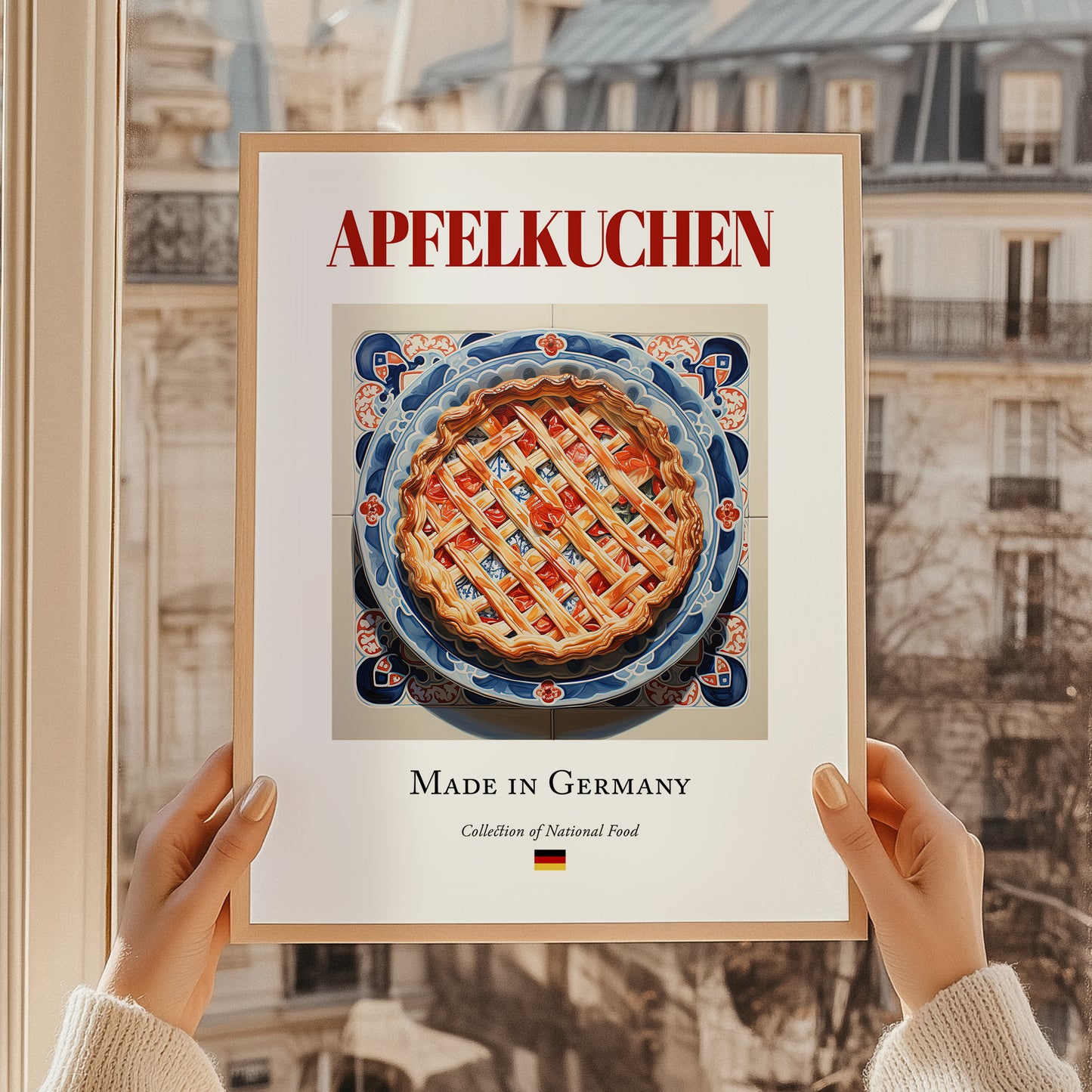 Apfelkuchen – German Dessert Dish, Farmhouse Kitchen Wall Art, styled in a charming Paris street view