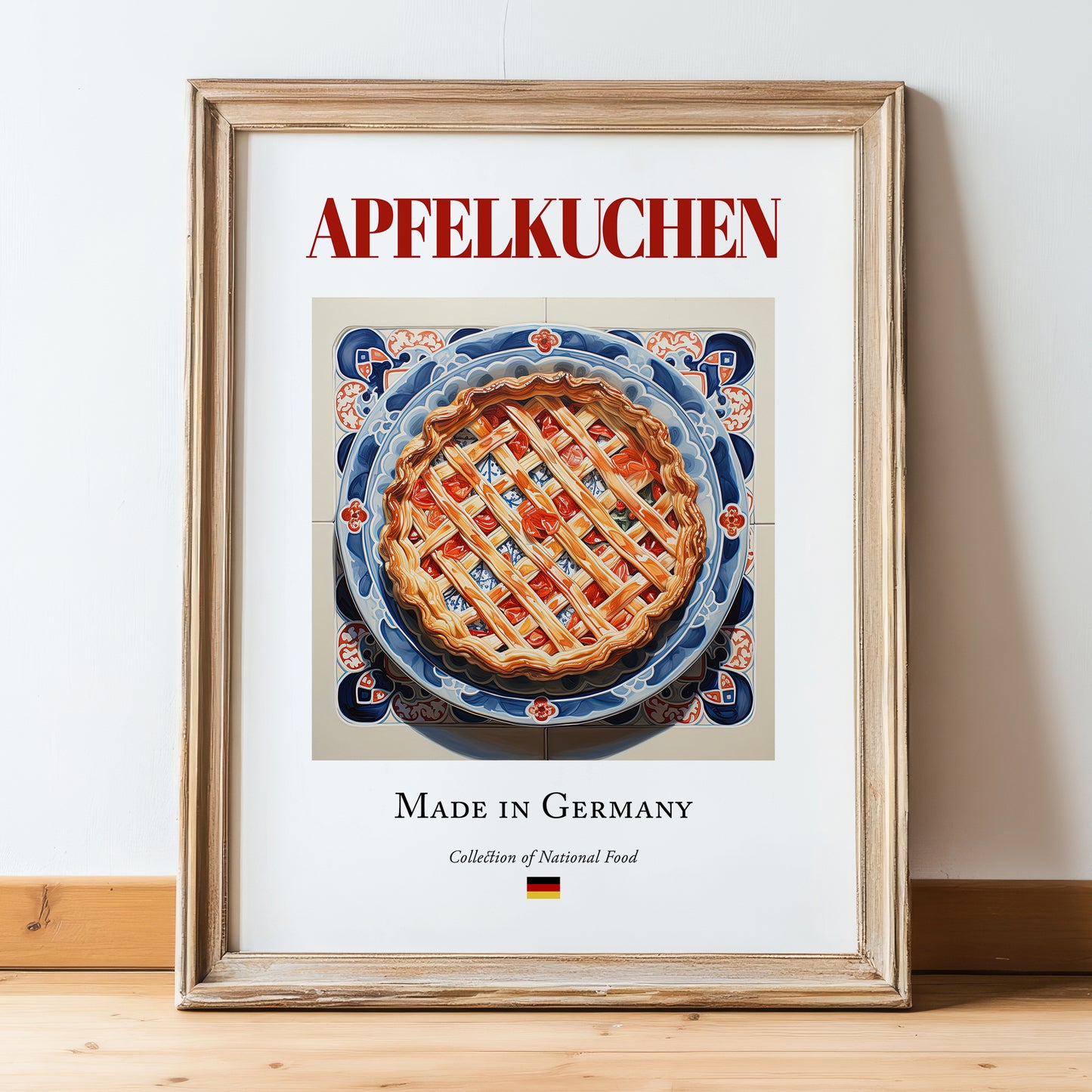 Apfelkuchen – German Dessert Dish, Farmhouse Kitchen Wall Art, in wooden frame leaning on the floor