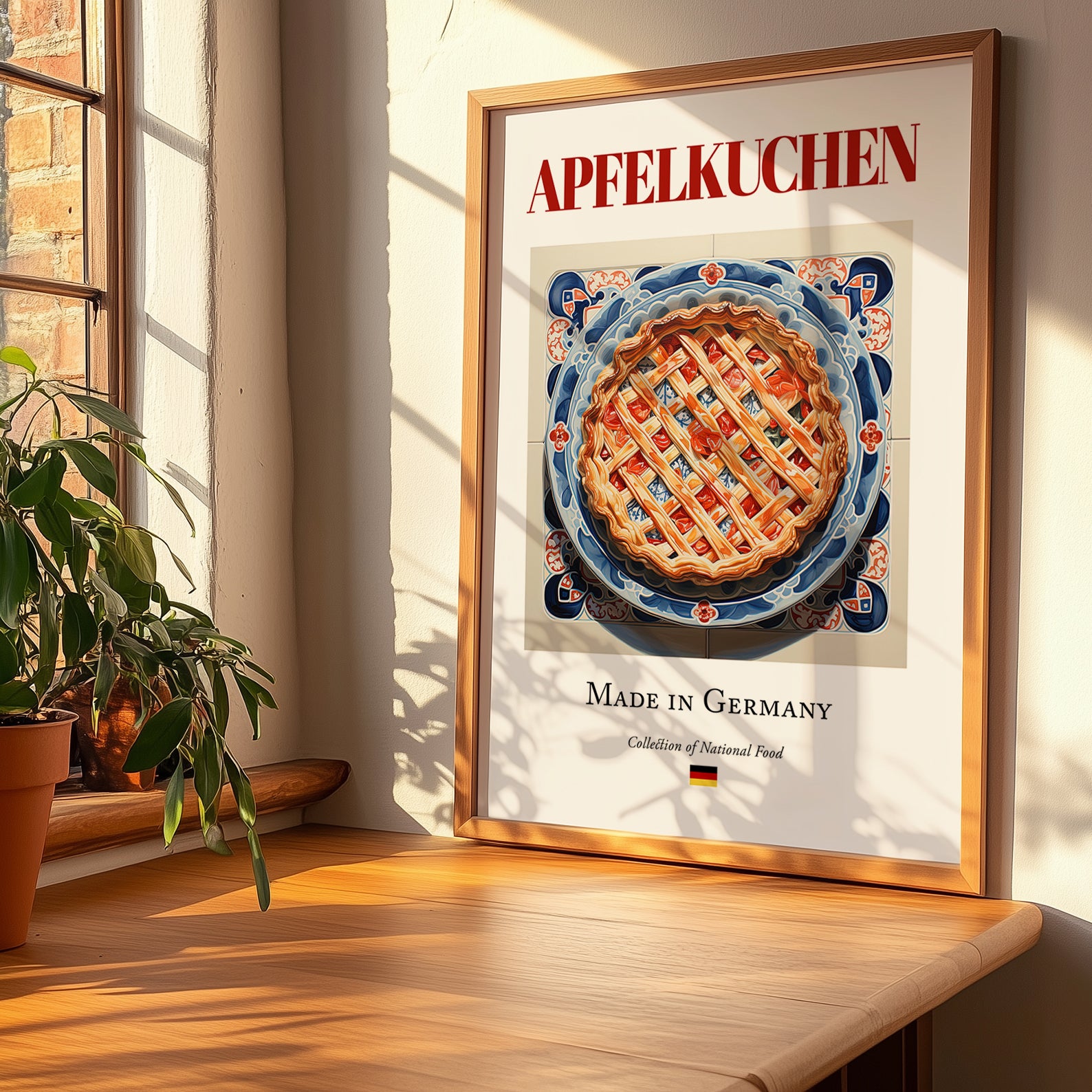 Apfelkuchen – German Dessert Dish, Farmhouse Kitchen Wall Art, no-text version framed in wood