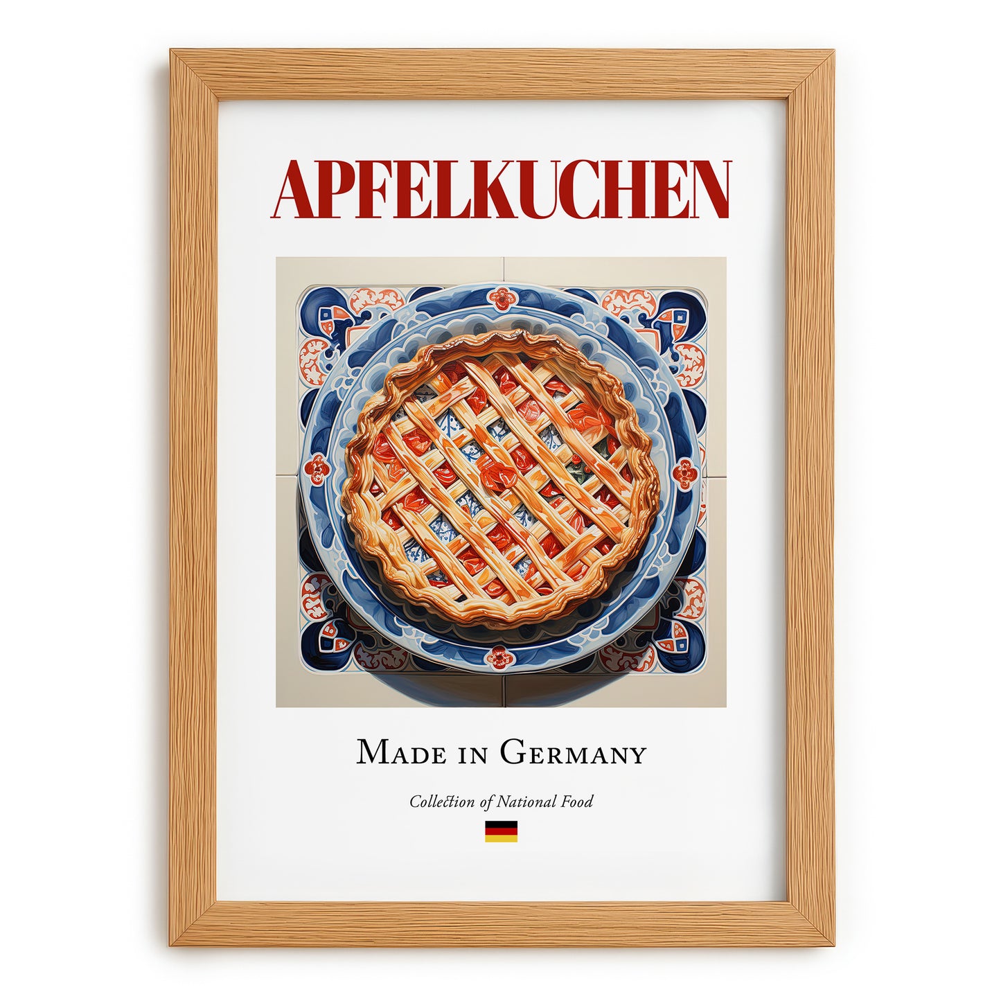Apfelkuchen – German Dessert Dish, Farmhouse Kitchen Wall Art, set in oak frame