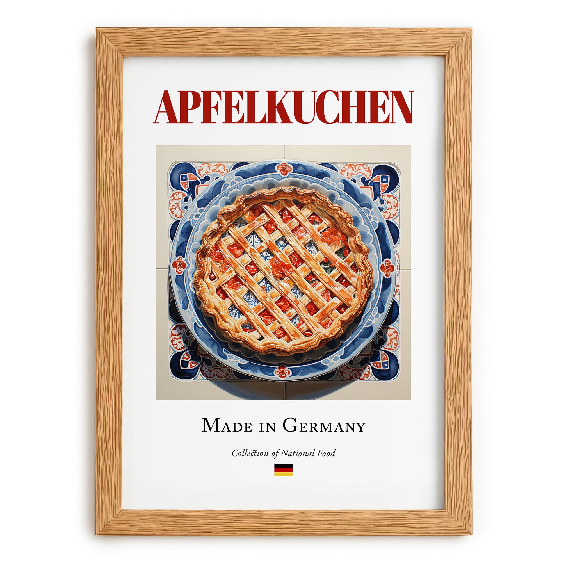 Apfelkuchen – German Dessert Dish, Farmhouse Kitchen Wall Art, set in oak frame