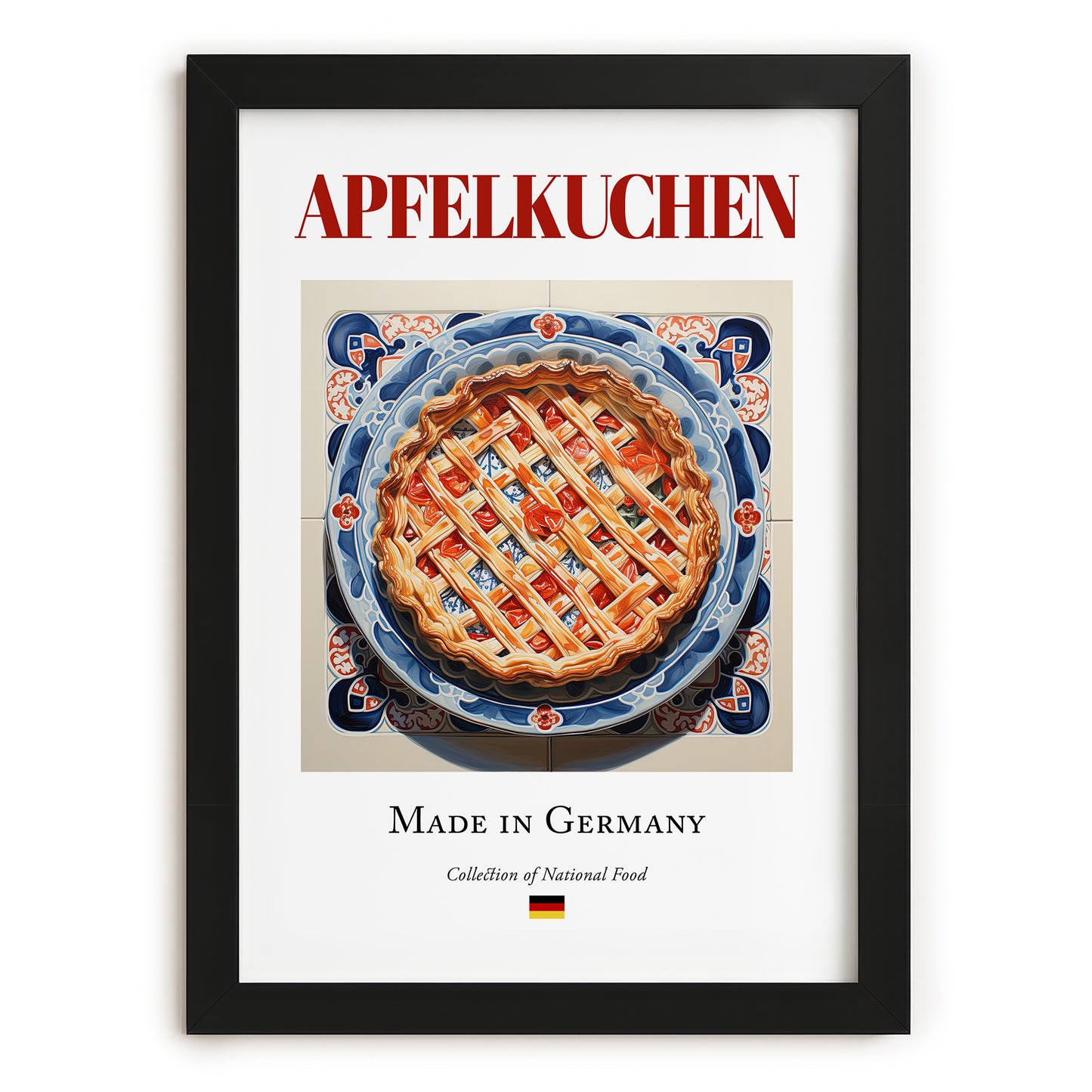 Apfelkuchen – German Dessert Dish, Farmhouse Kitchen Wall Art, in sleek black frame