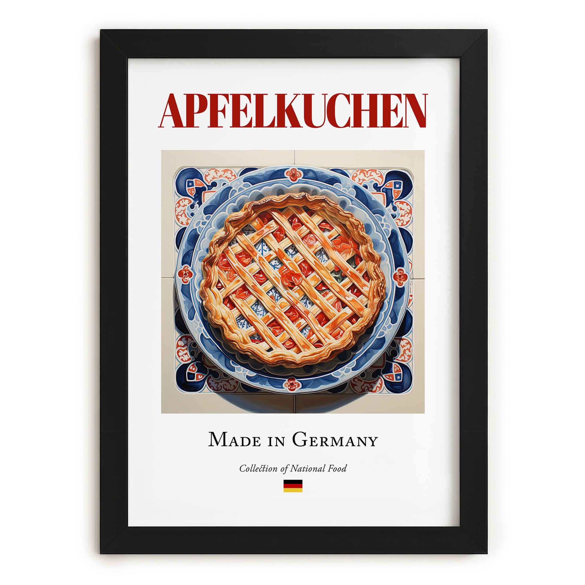 Apfelkuchen – German Dessert Dish, Farmhouse Kitchen Wall Art, in sleek black frame