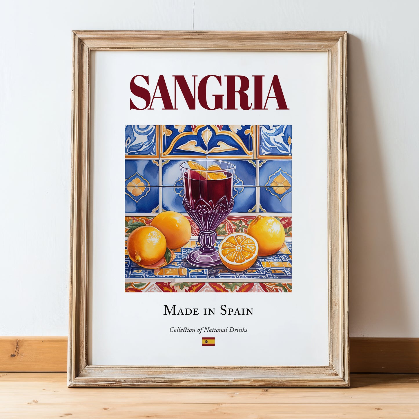 Sangria – Spanish Beverage Drink, Rooftop Terrace Poster, in wooden frame leaning on the floor
