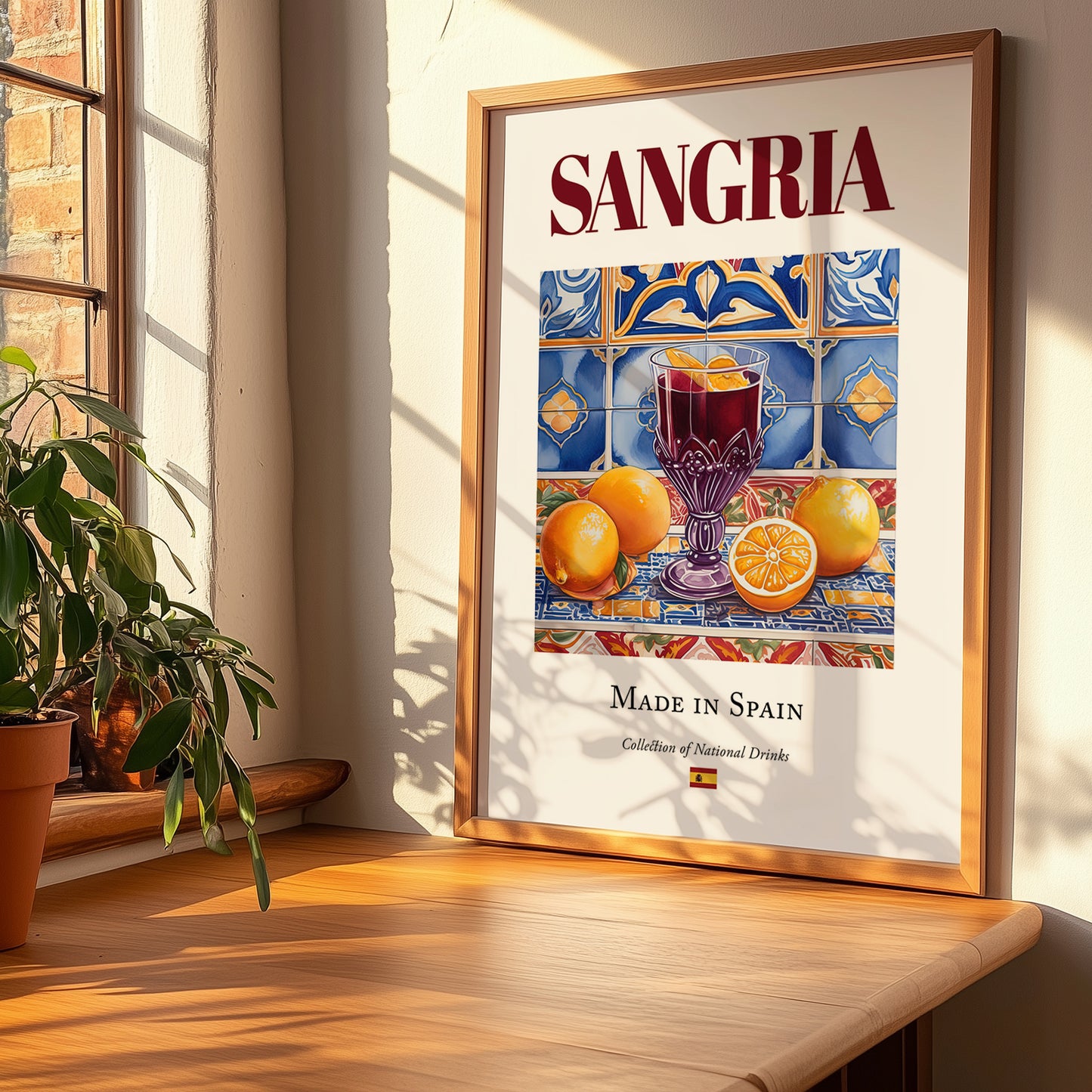 Sangria – Spanish Beverage Drink, Rooftop Terrace Poster, no-text version framed in wood