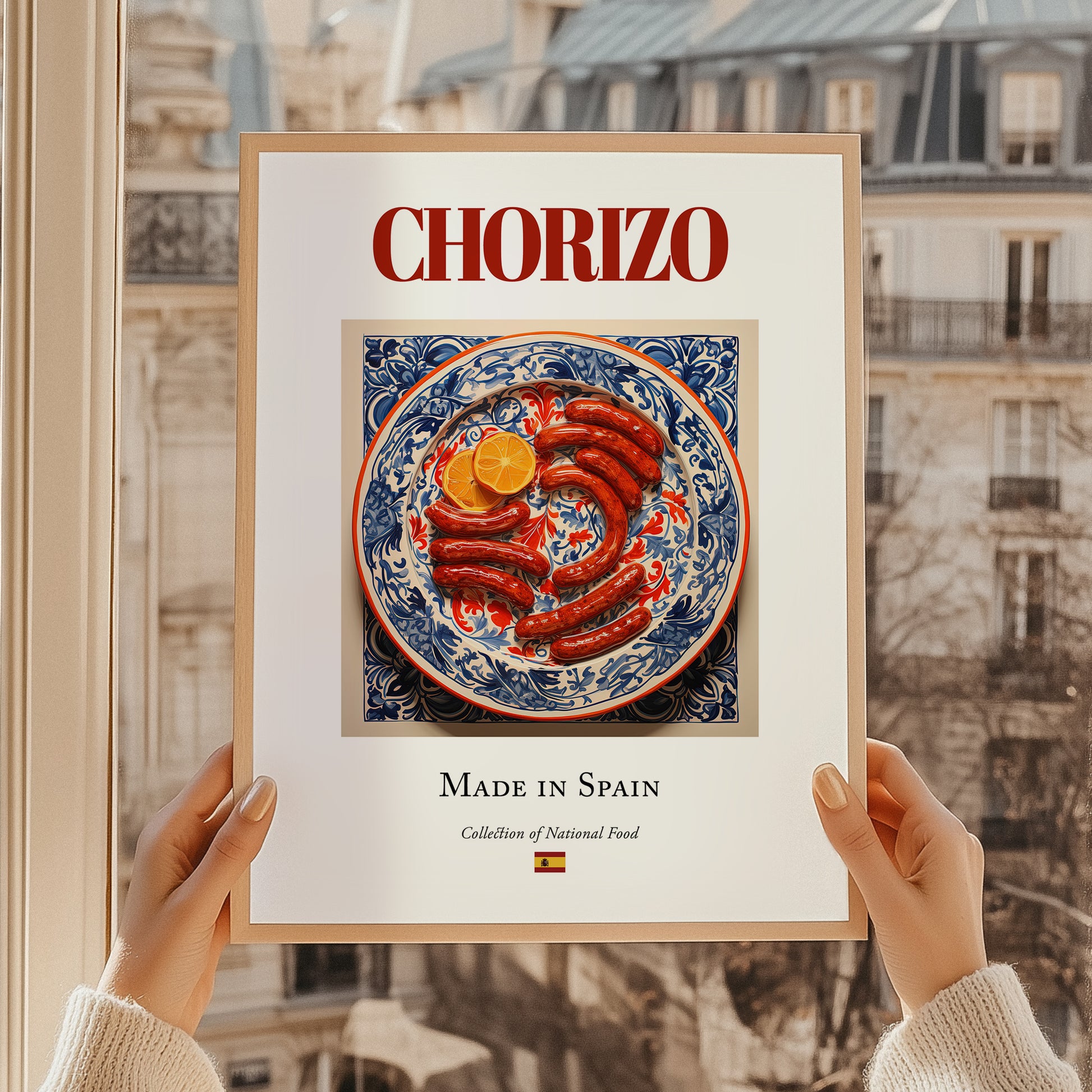 Chorizo – Spanish Meat Dish, Restaurant Poster, styled in a charming Paris street view