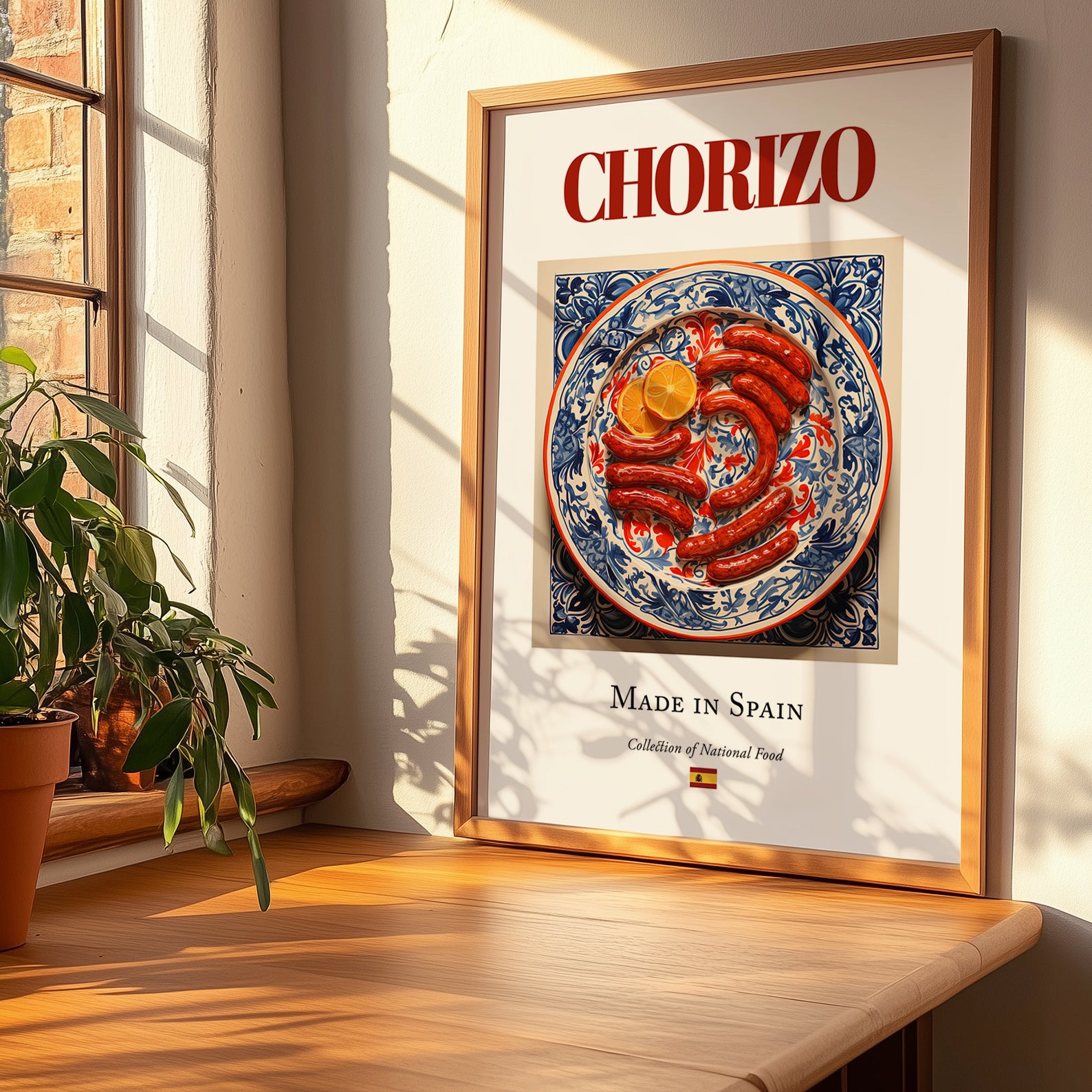 Chorizo – Spanish Meat Dish, Restaurant Poster, no-text version framed in wood