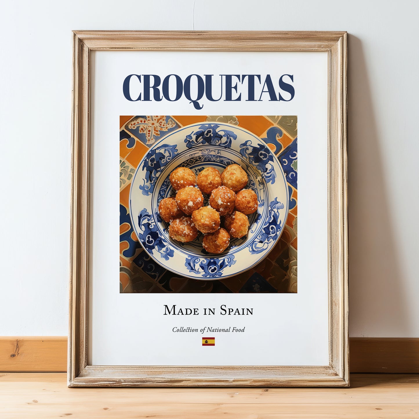 Croquetas – Spanish Snack Dish, Brasserie Wall Art, in wooden frame leaning on the floor