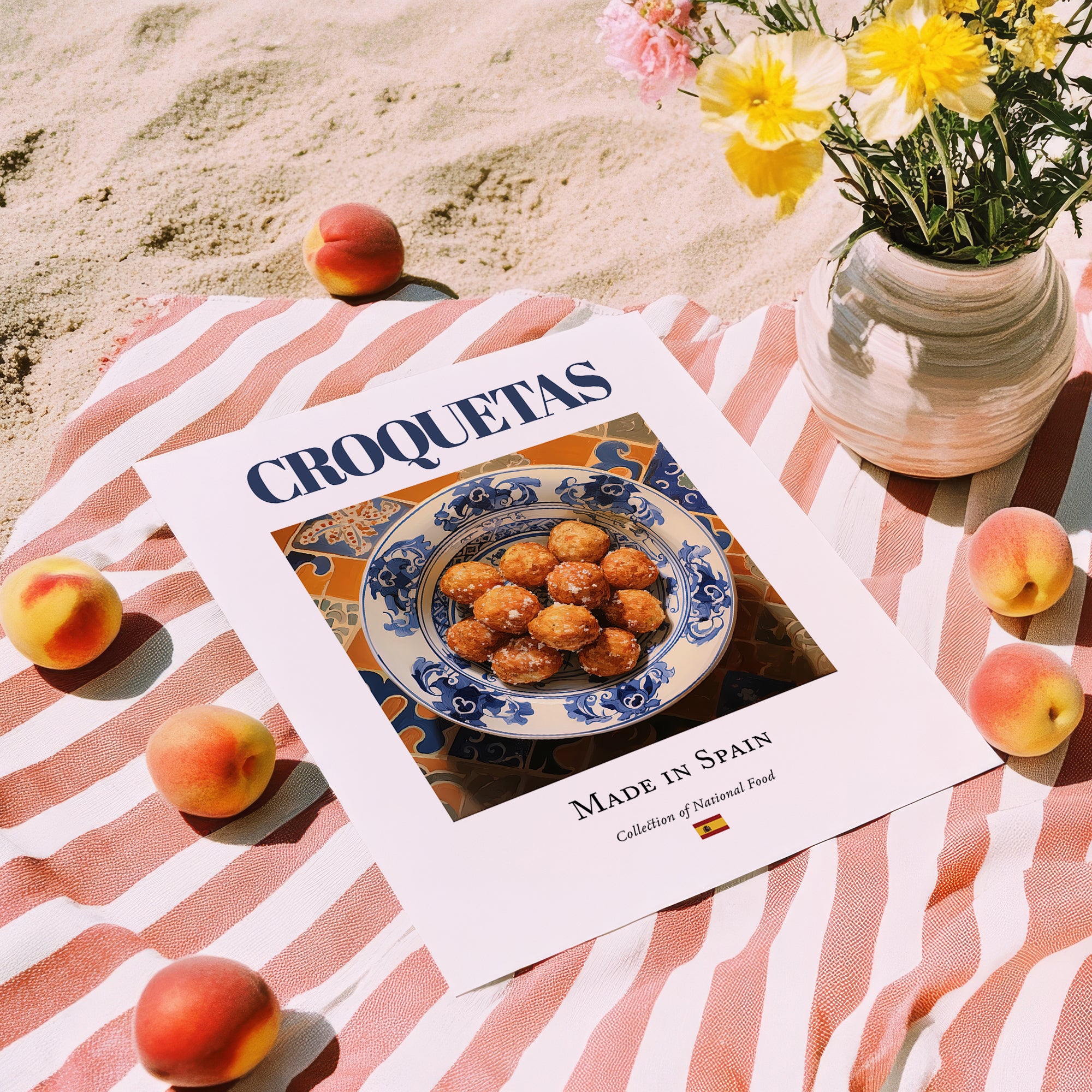 Croquetas – Spanish Snack Dish, Brasserie Wall Art, unframed on coastal sand