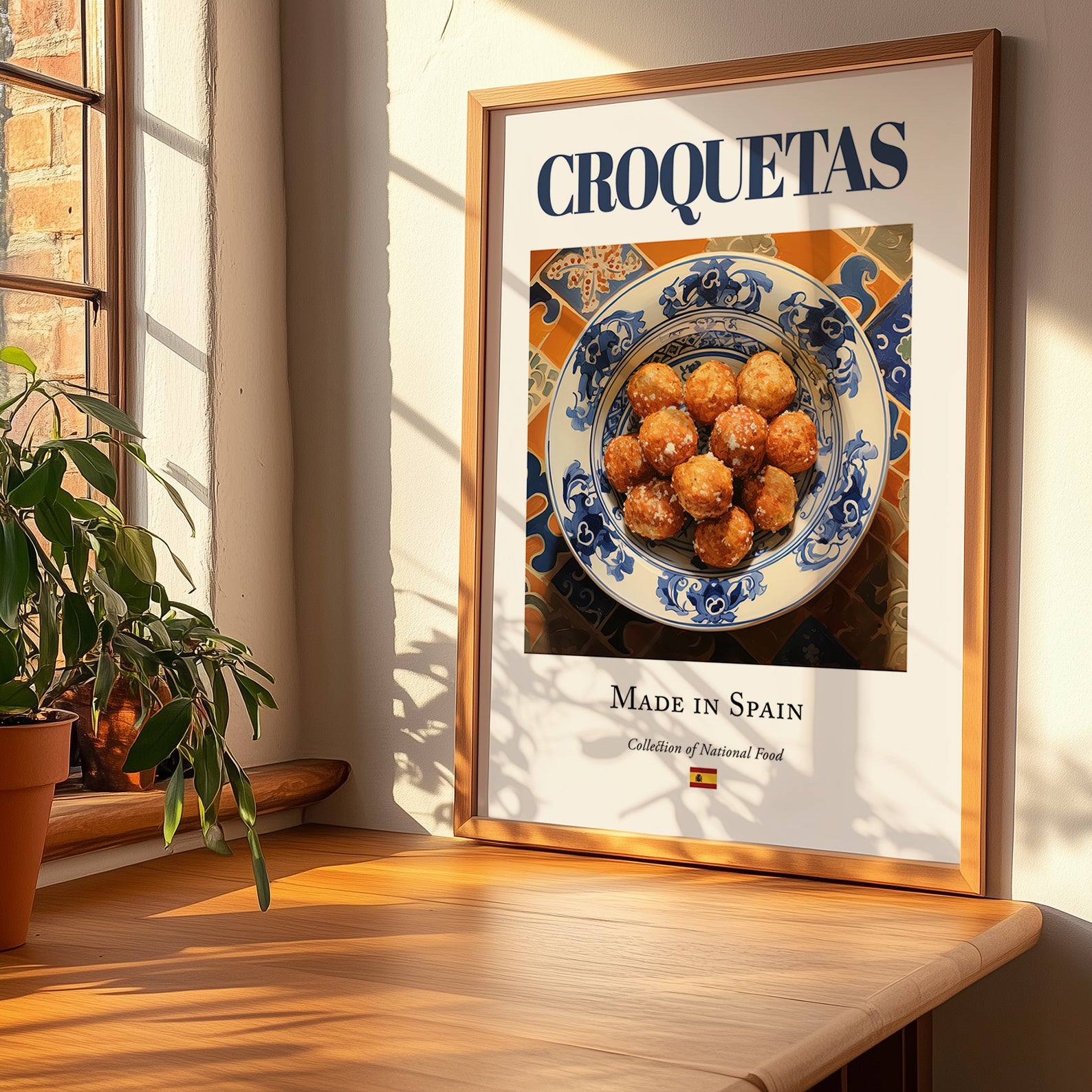 Croquetas – Spanish Snack Dish, Brasserie Wall Art, no-text version framed in wood