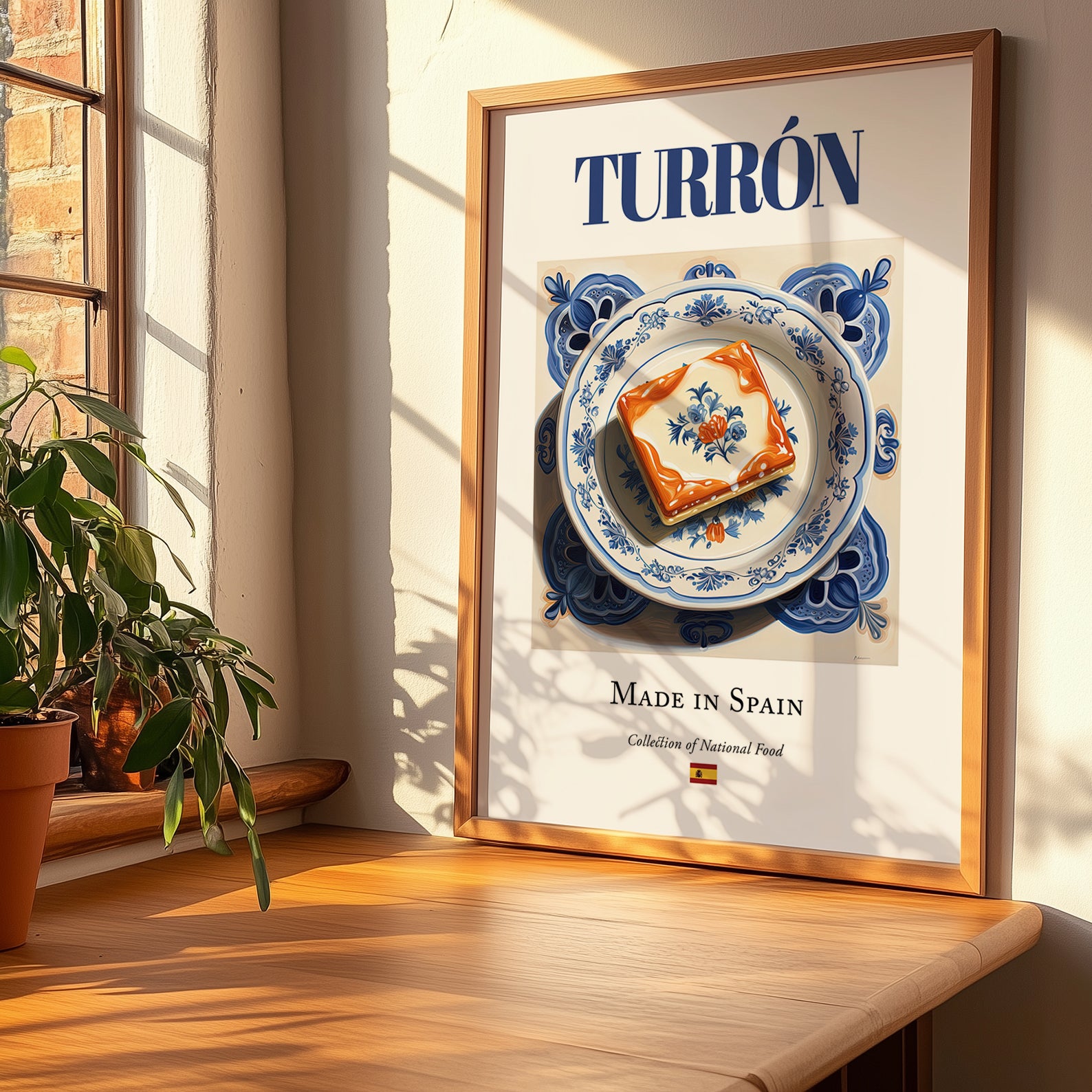 Turrón – Spanish Dessert Dish, Fine Dining Restaurant Art, no-text version framed in wood