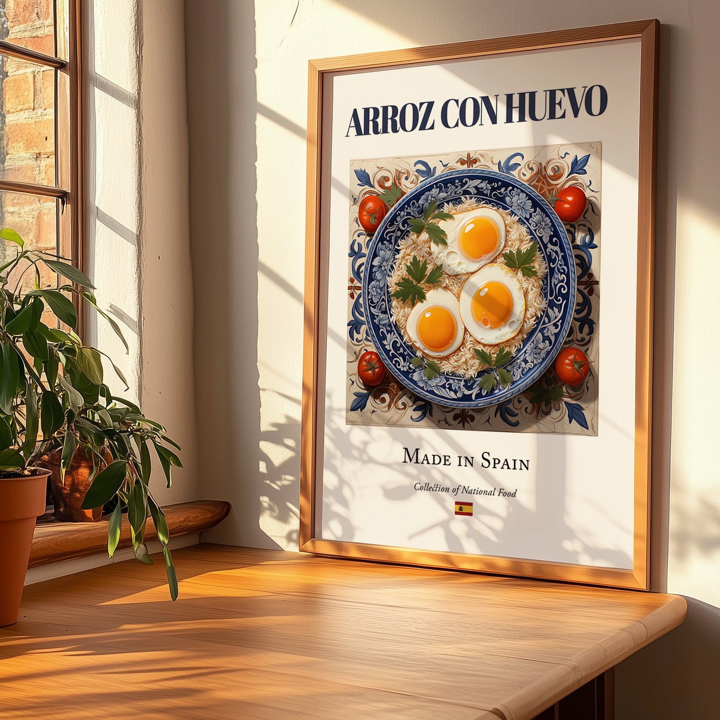 Arroz con huevo – Spanish Rice Dish, Restaurant Poster, no-text version framed in wood