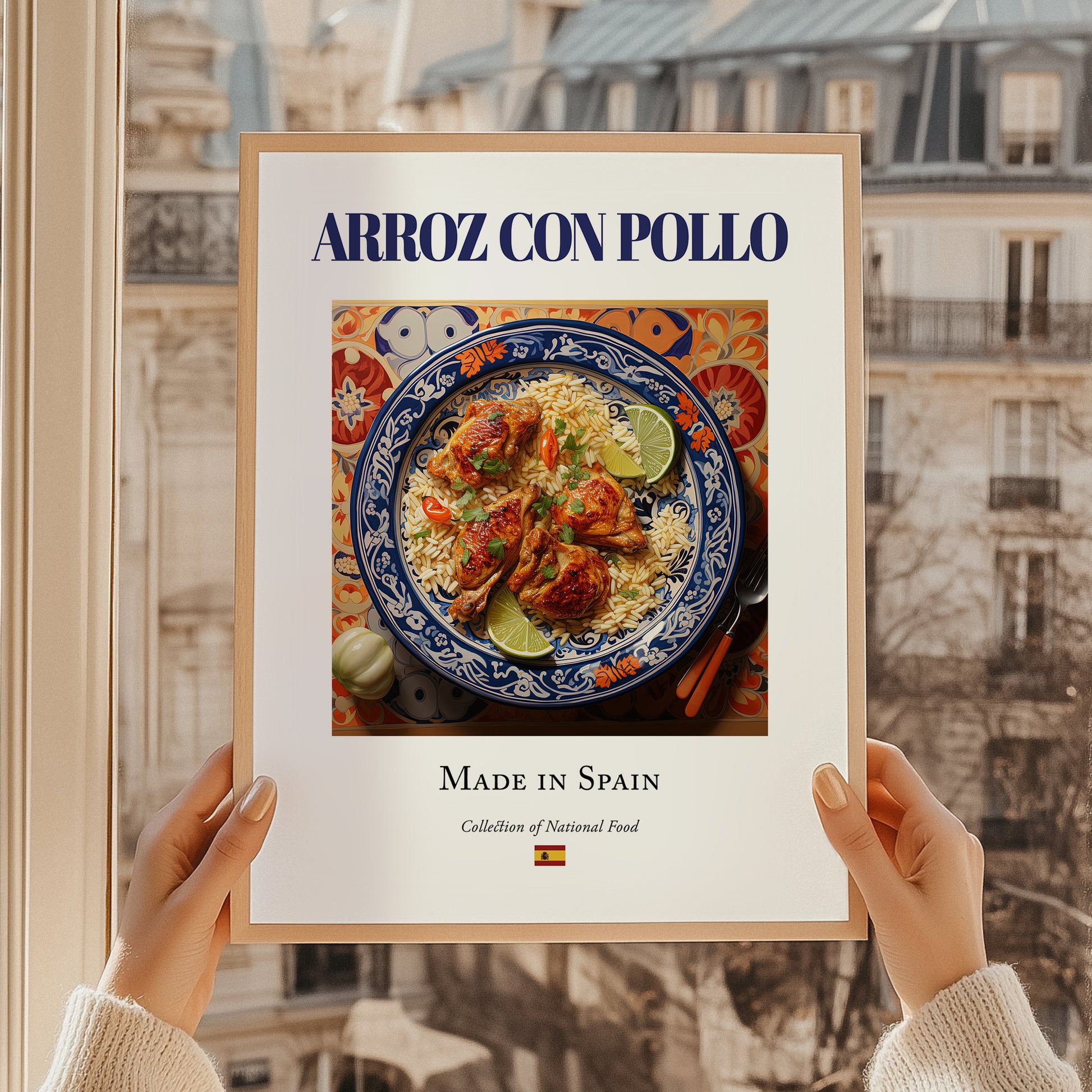Arroz con pollo – Spanish Rice Dish, Brasserie Illustration, styled in a charming Paris street view