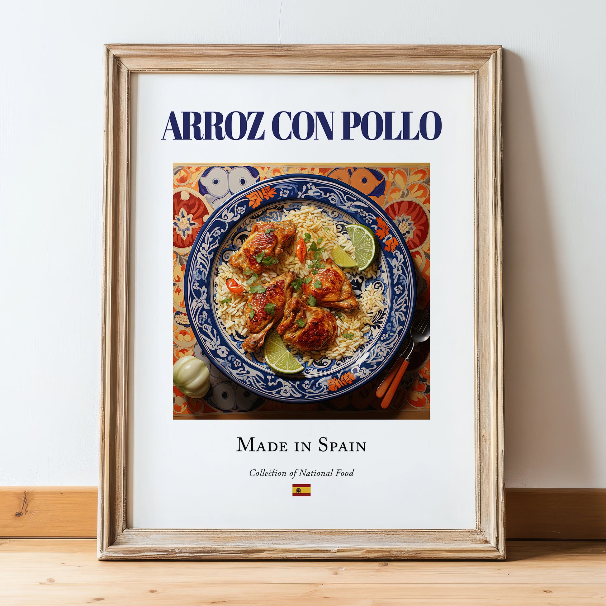Arroz con pollo – Spanish Rice Dish, Brasserie Illustration, in wooden frame leaning on the floor