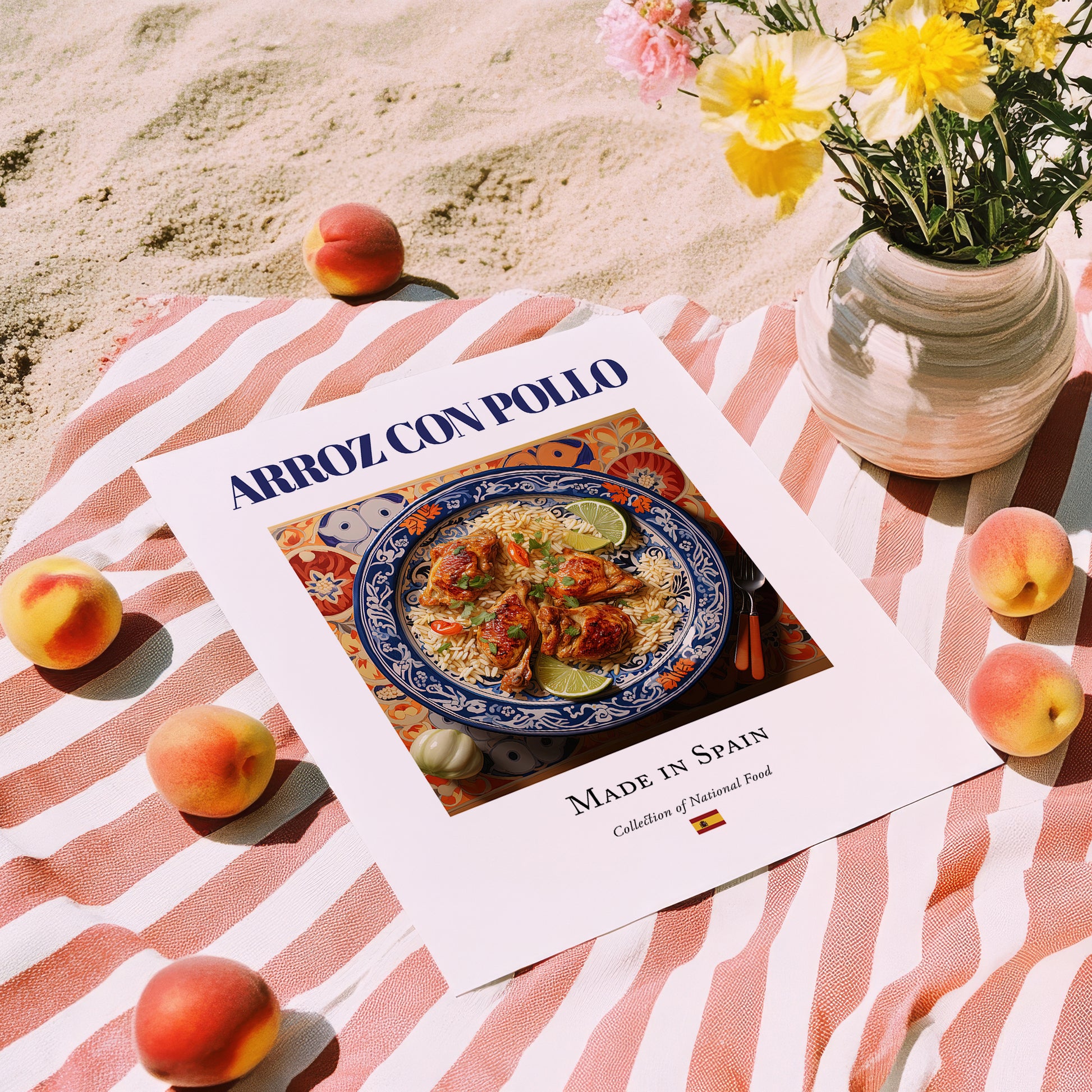 Arroz con pollo – Spanish Rice Dish, Brasserie Illustration, unframed on coastal sand