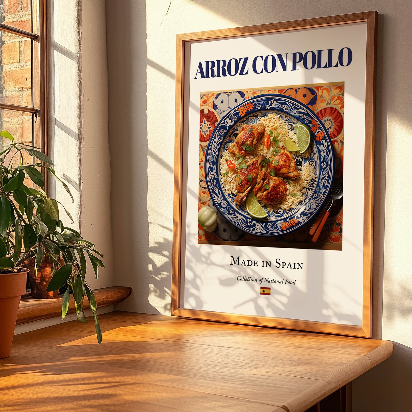 Arroz con pollo – Spanish Rice Dish, Brasserie Illustration, no-text version framed in wood