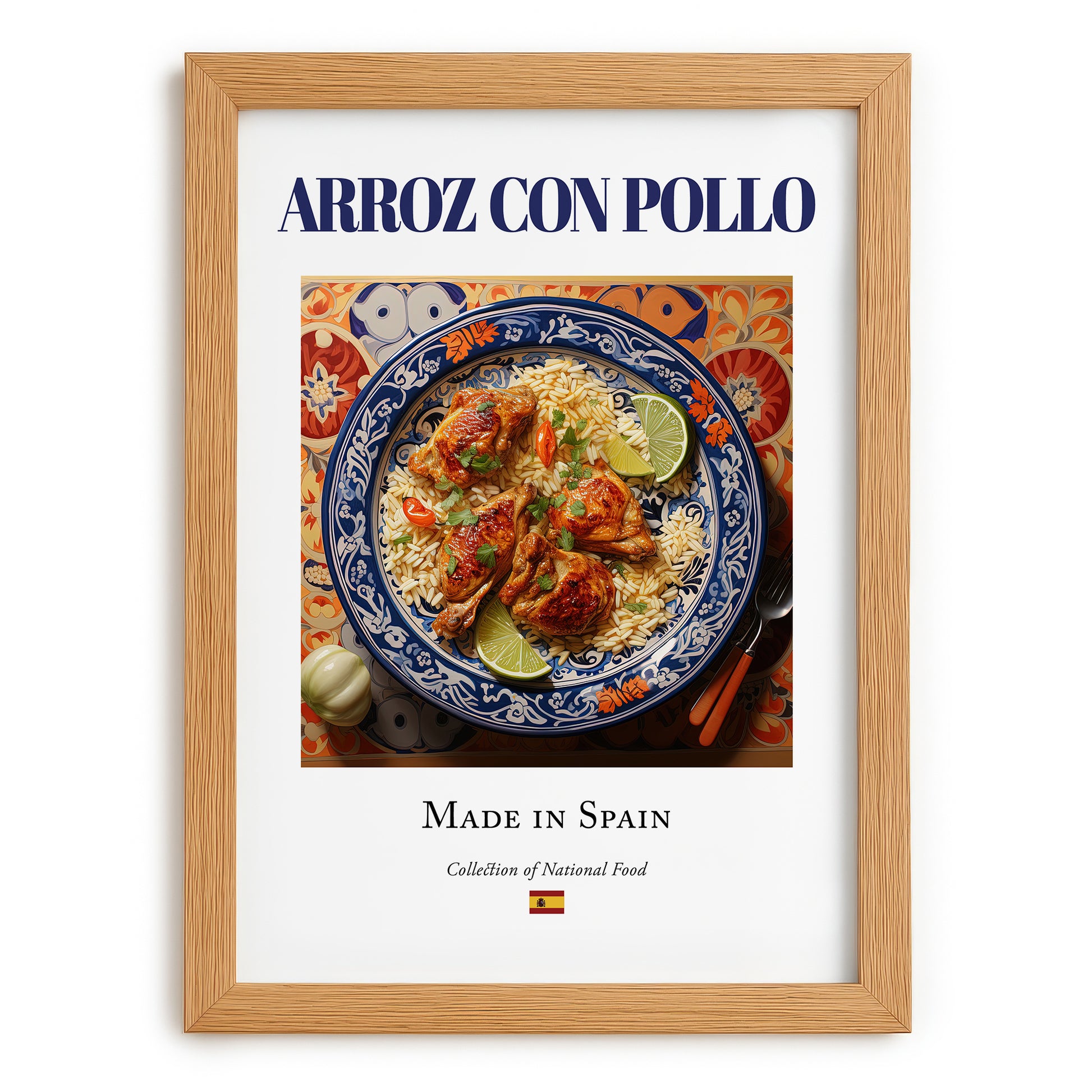 Arroz con pollo – Spanish Rice Dish, Brasserie Illustration, set in oak frame
