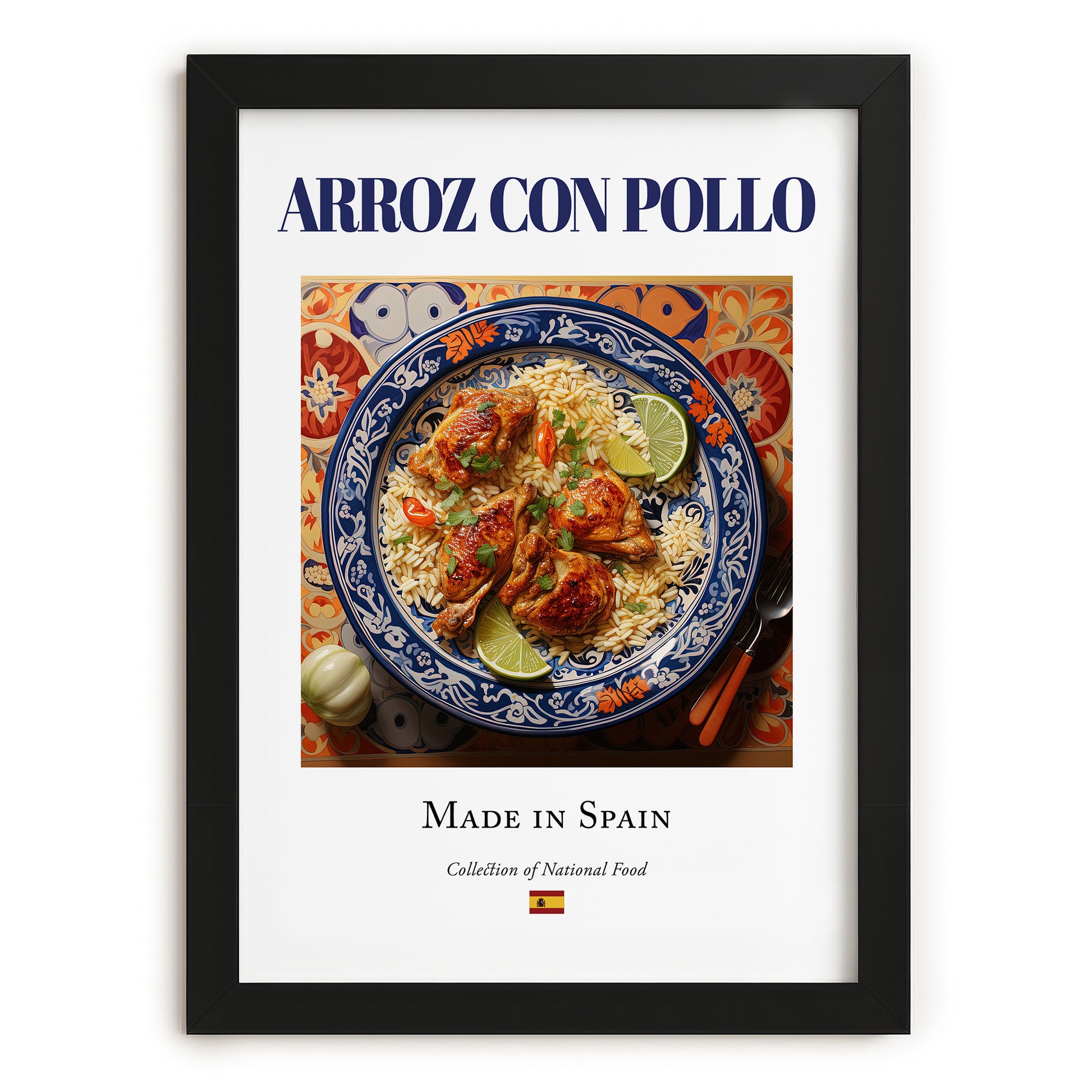 Arroz con pollo – Spanish Rice Dish, Brasserie Illustration, in sleek black frame