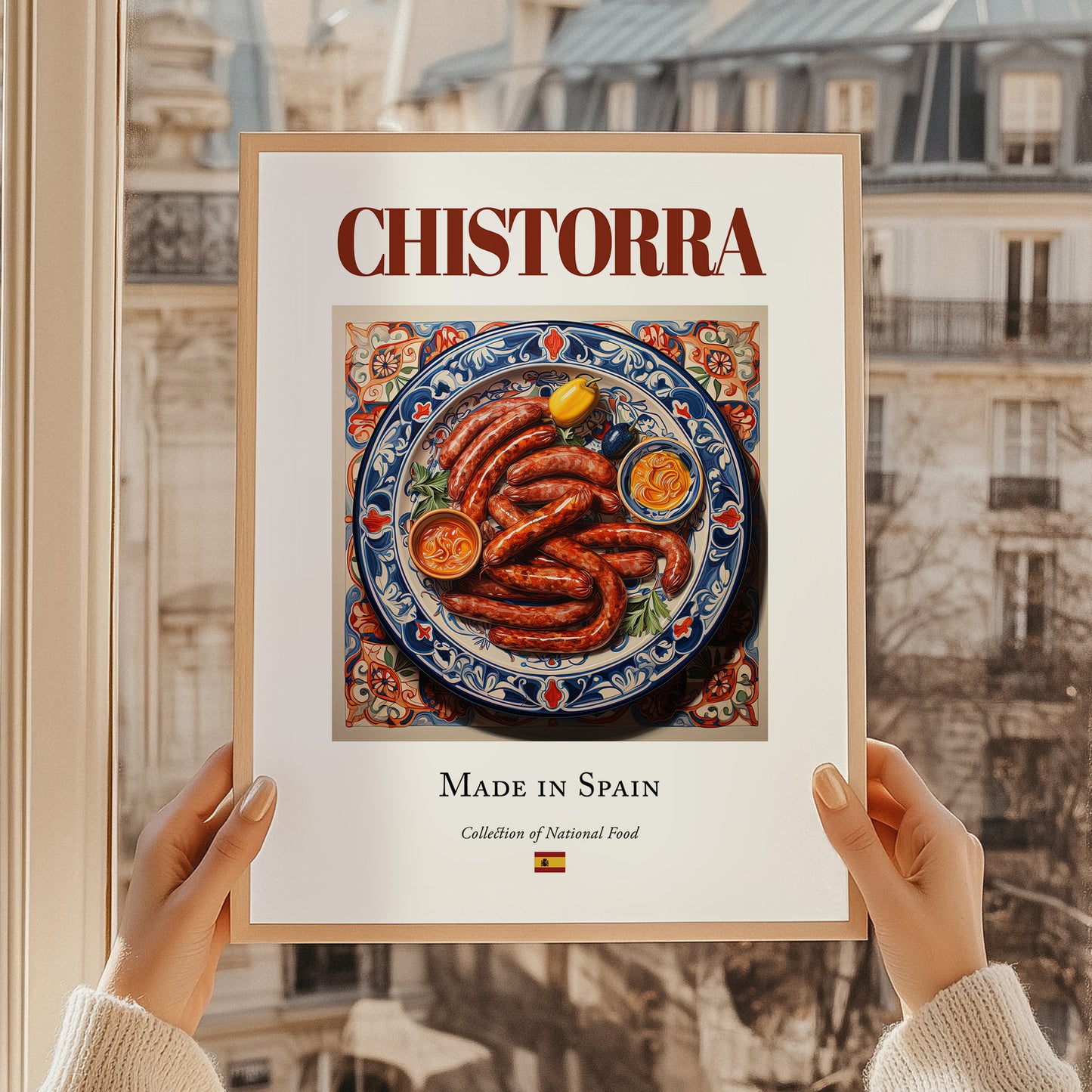 Chistorra – Spanish Meat Dish, Food Bar Print, styled in a charming Paris street view