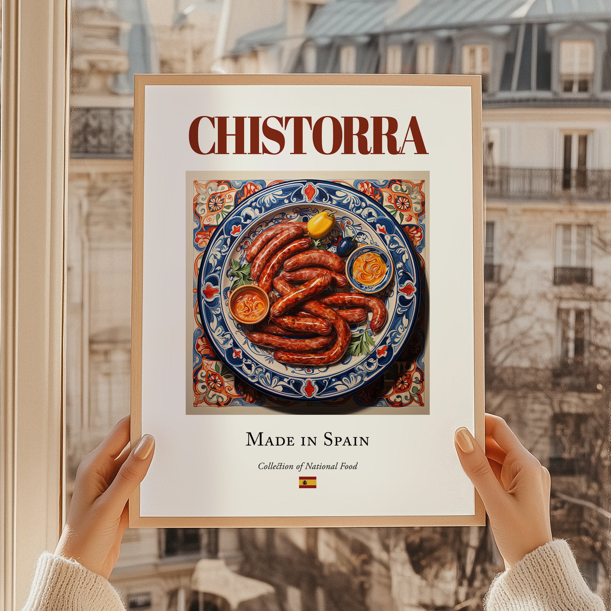 Chistorra – Spanish Meat Dish, Food Bar Print, styled in a charming Paris street view