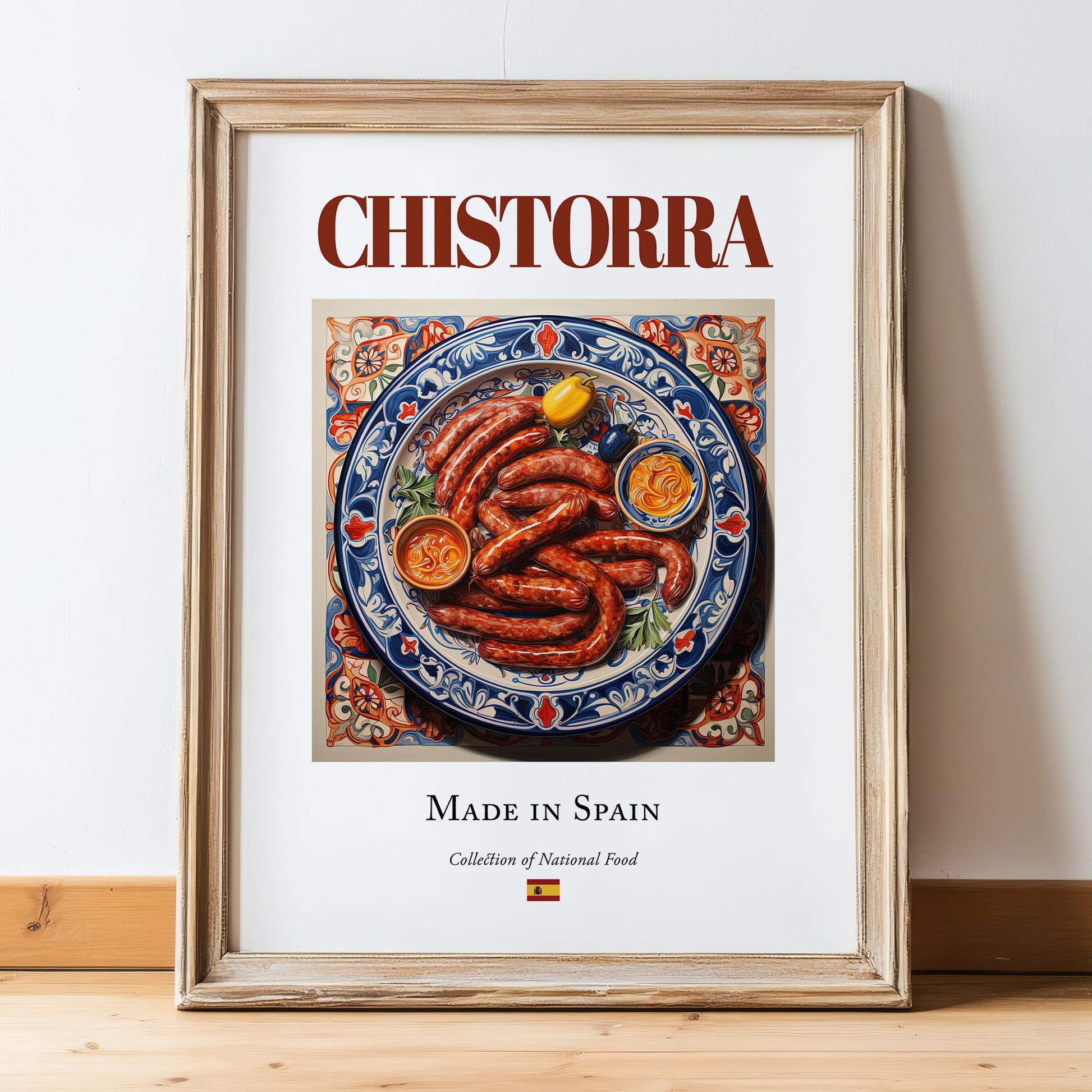 Chistorra – Spanish Meat Dish, Food Bar Print, in wooden frame leaning on the floor