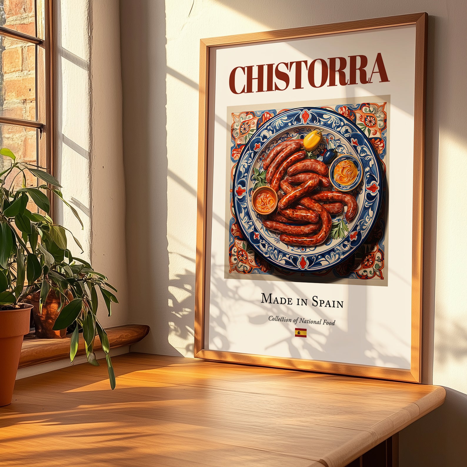 Chistorra – Spanish Meat Dish, Food Bar Print, no-text version framed in wood