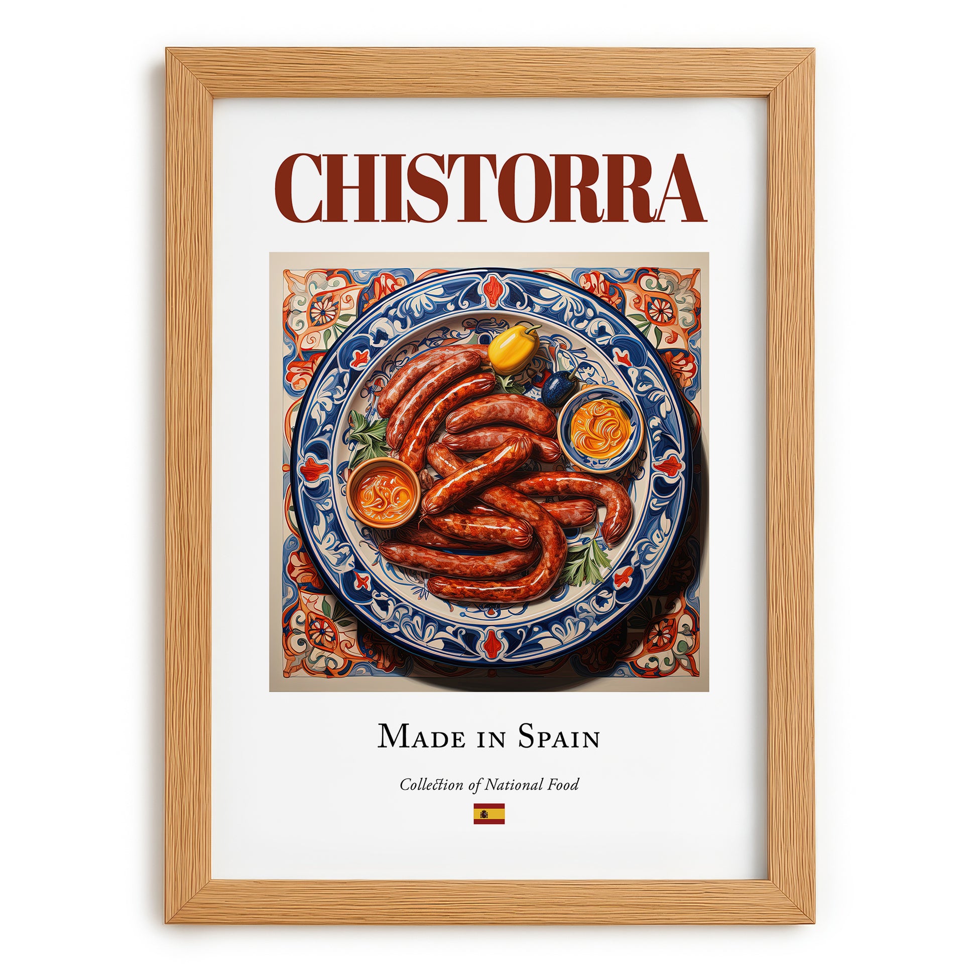 Chistorra – Spanish Meat Dish, Food Bar Print, set in oak frame