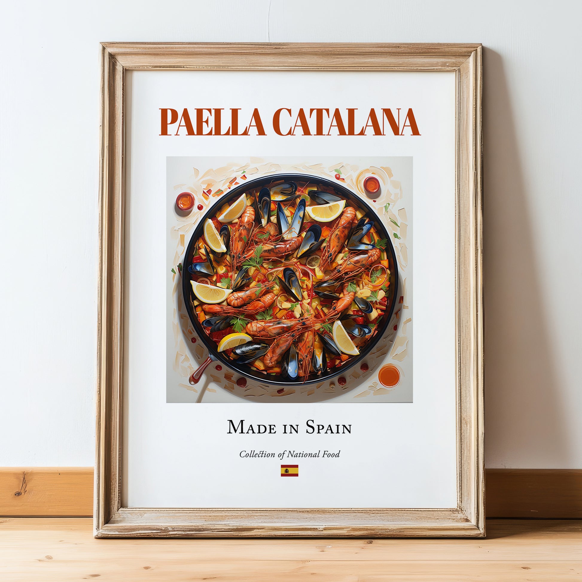 Paella Catalana – Spanish Rice Dish, Farmhouse Kitchen Art, in wooden frame leaning on the floor