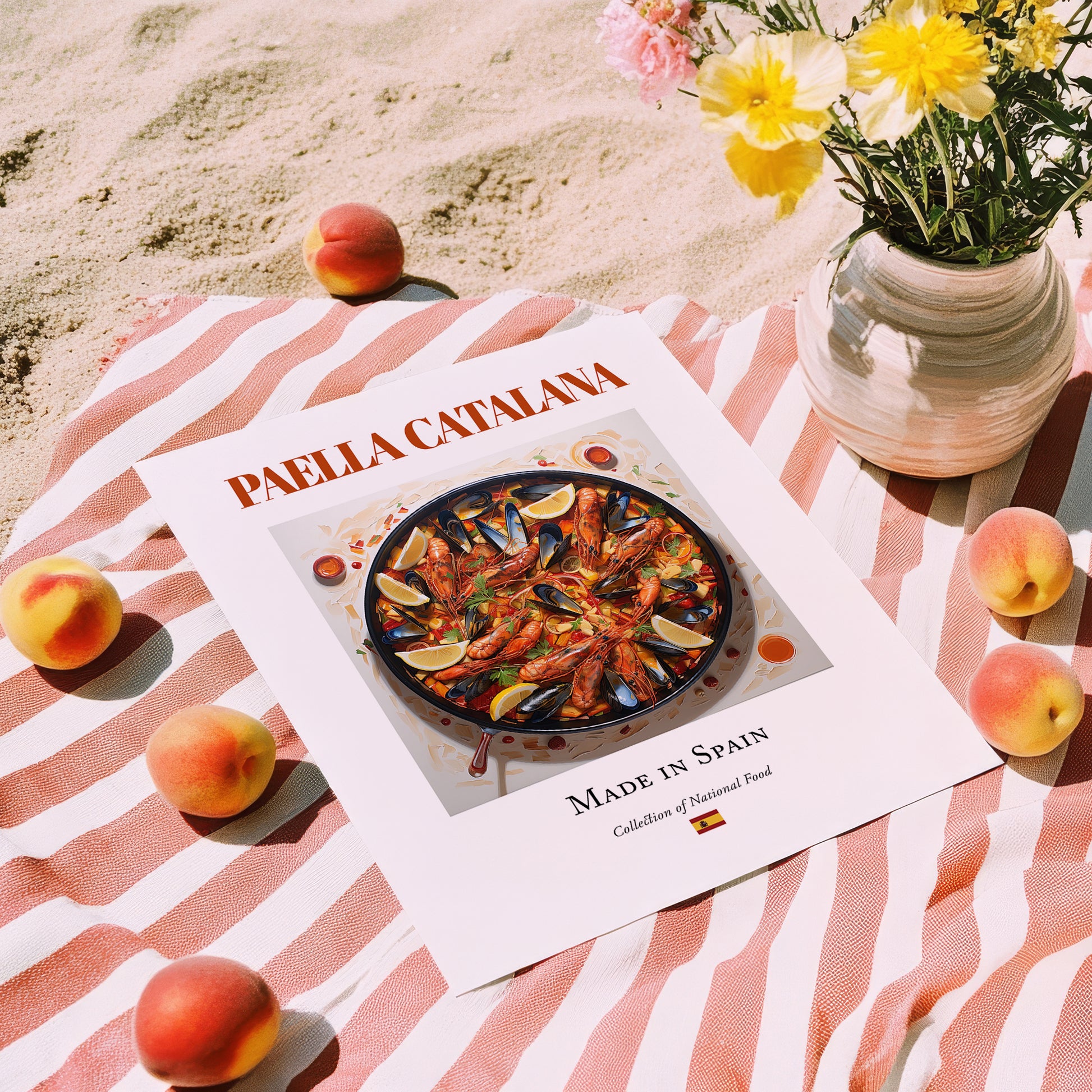 Paella Catalana – Spanish Rice Dish, Farmhouse Kitchen Art, unframed on coastal sand