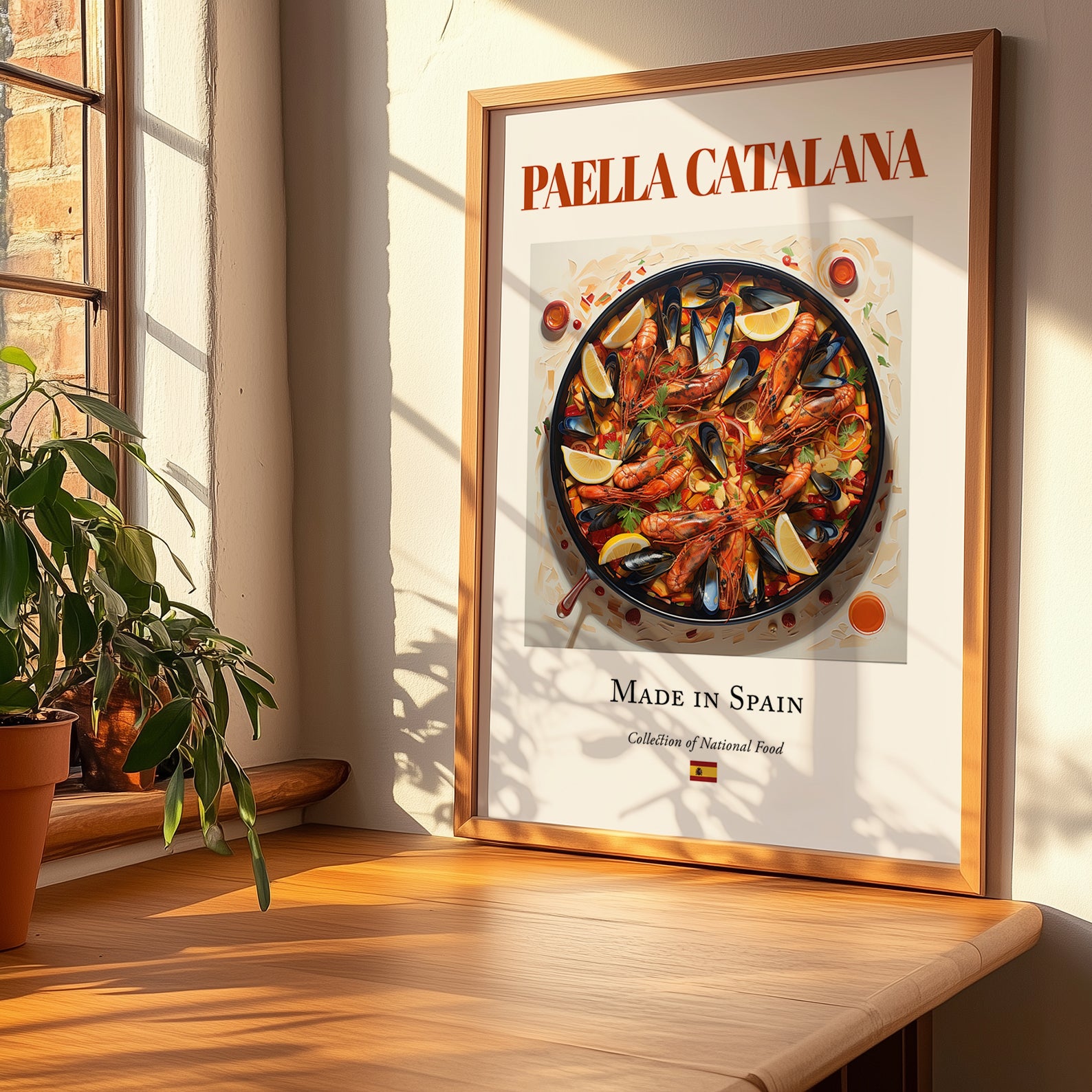 Paella Catalana – Spanish Rice Dish, Farmhouse Kitchen Art, no-text version framed in wood