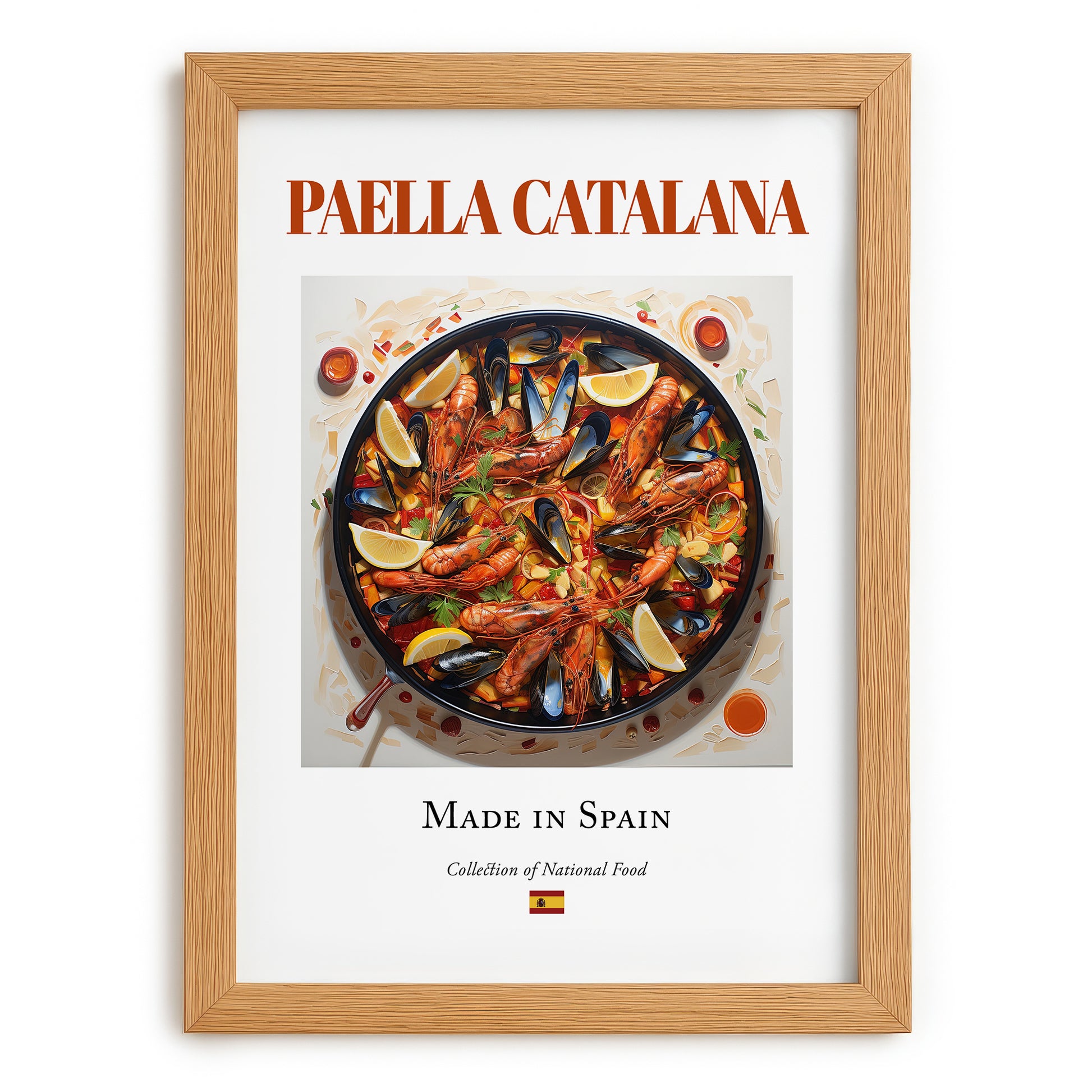 Paella Catalana – Spanish Rice Dish, Farmhouse Kitchen Art, set in oak frame