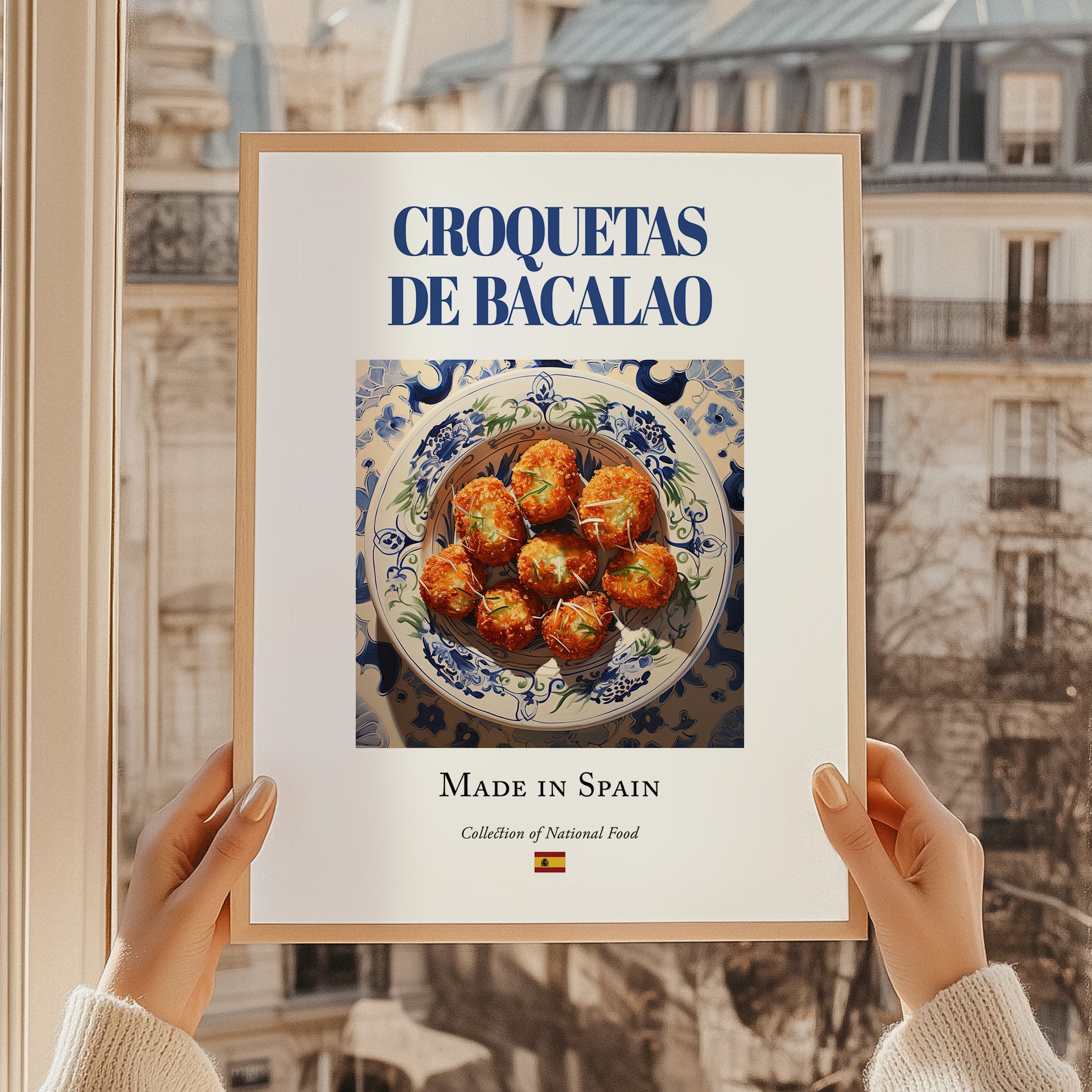 Croquetas de bacalao – Spanish Snack Dish, Tavern Poster, styled in a charming Paris street view