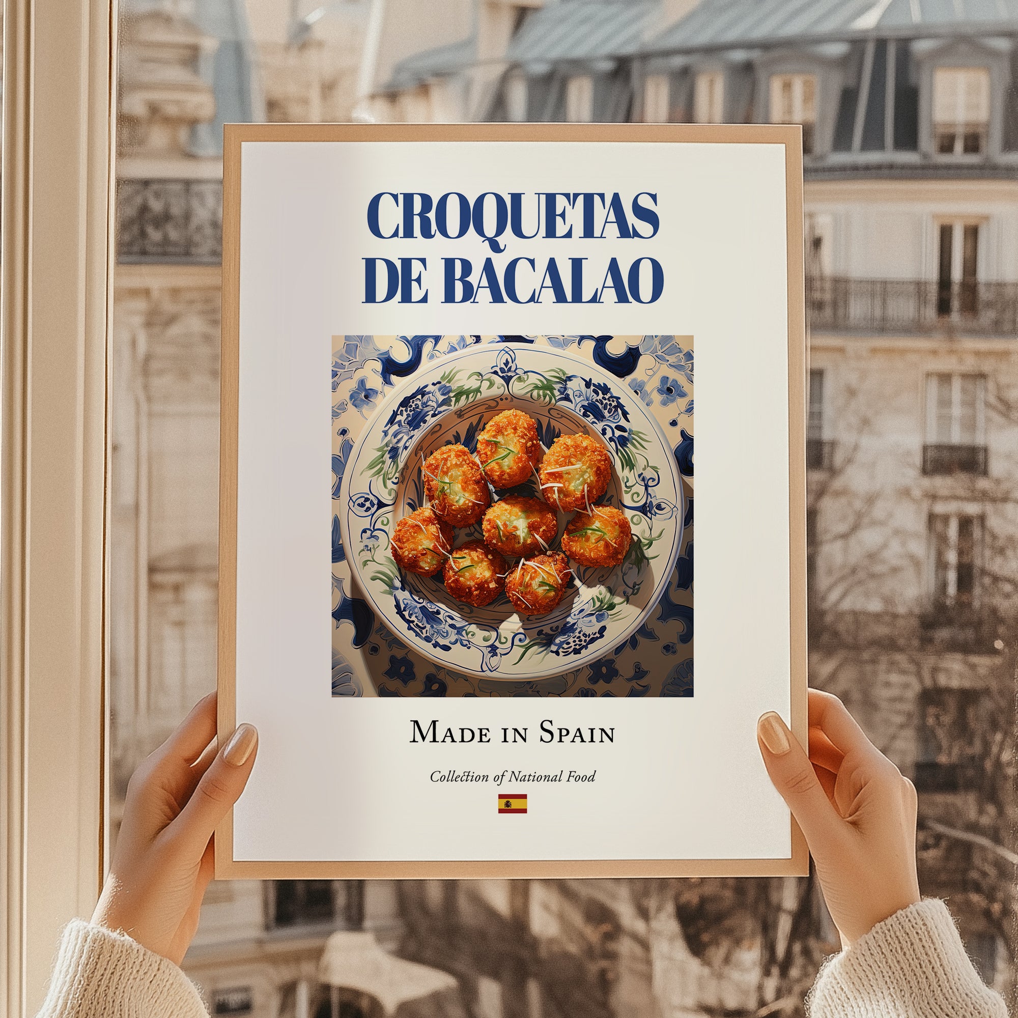 Croquetas de bacalao – Spanish Snack Dish, Tavern Poster, styled in a charming Paris street view