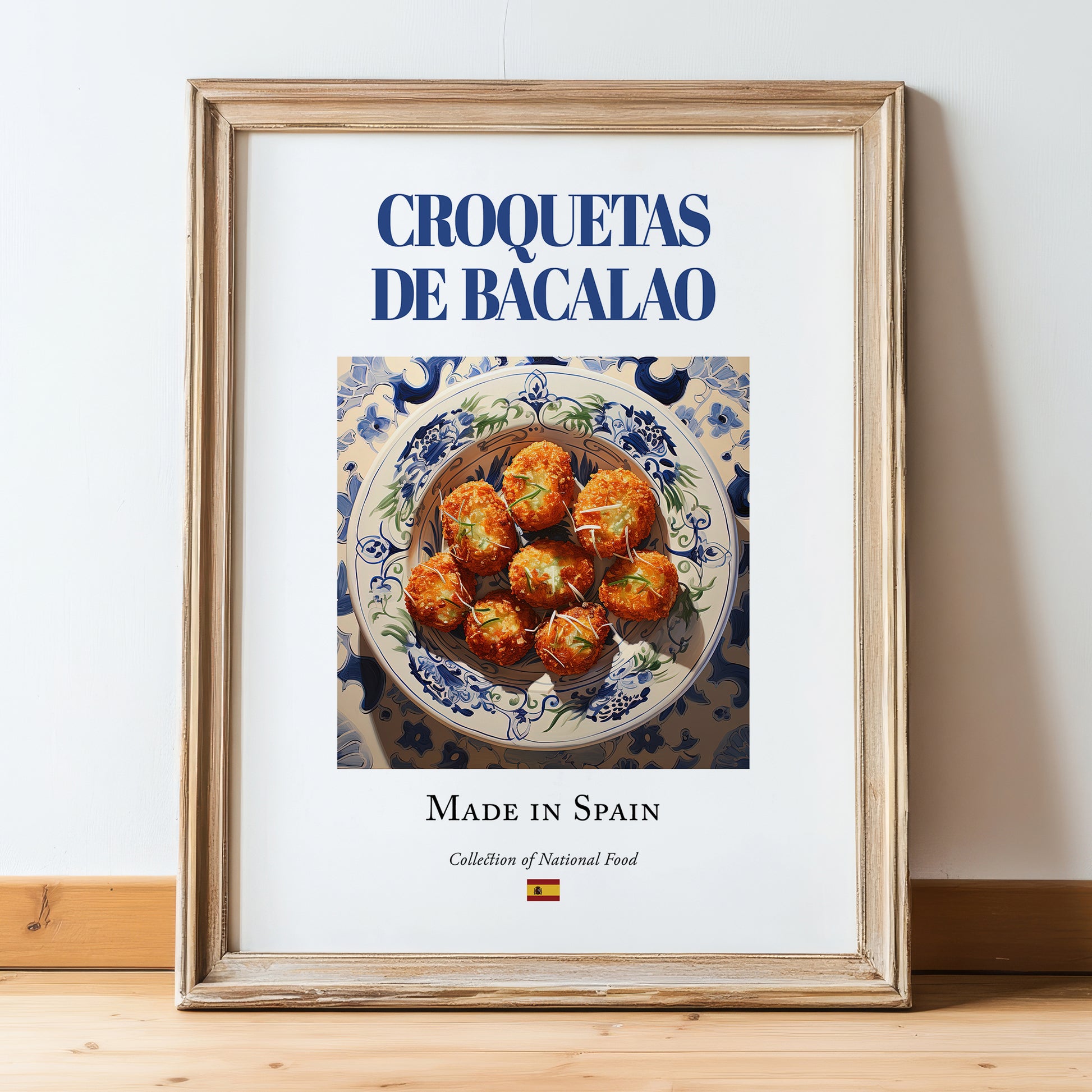 Croquetas de bacalao – Spanish Snack Dish, Tavern Poster, in wooden frame leaning on the floor