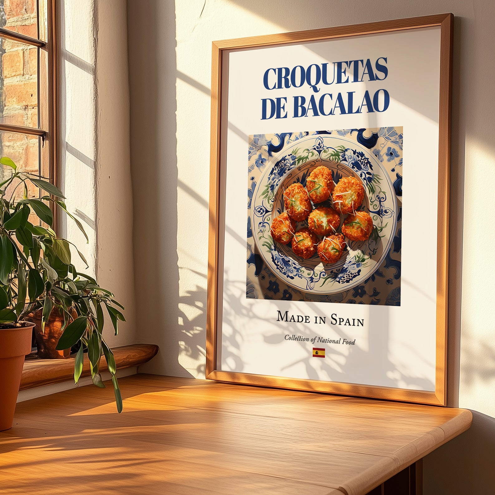 Croquetas de bacalao – Spanish Snack Dish, Tavern Poster, no-text version framed in wood