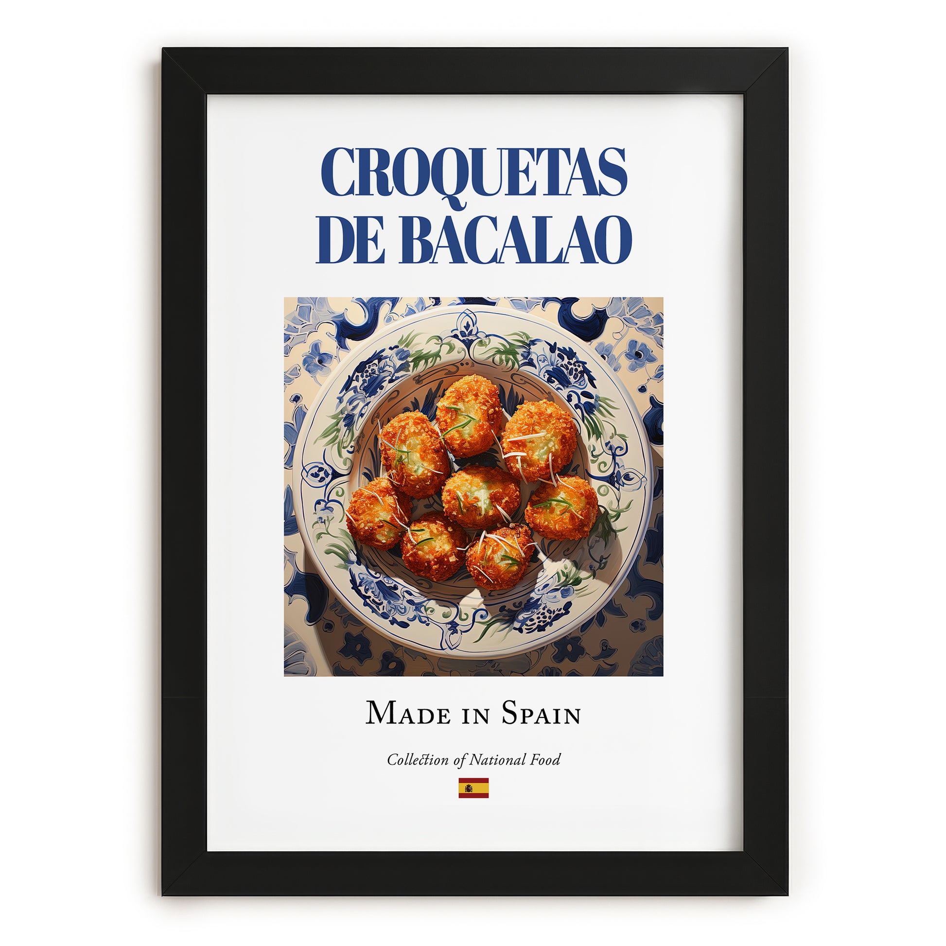 Croquetas de bacalao – Spanish Snack Dish, Tavern Poster, in sleek black frame