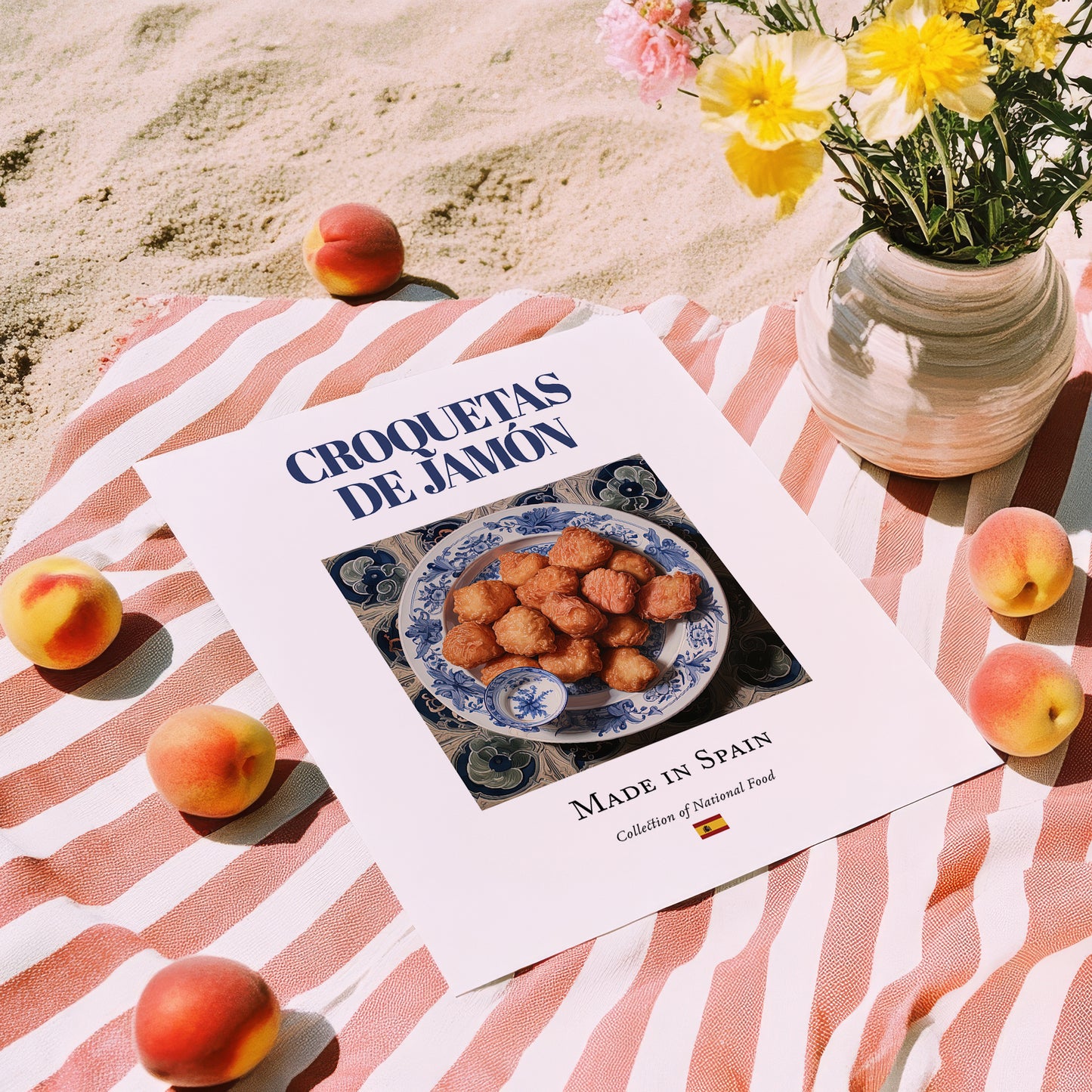 Croquetas de Jamón – Spanish Snack Dish, Tavern Illustration, unframed on coastal sand